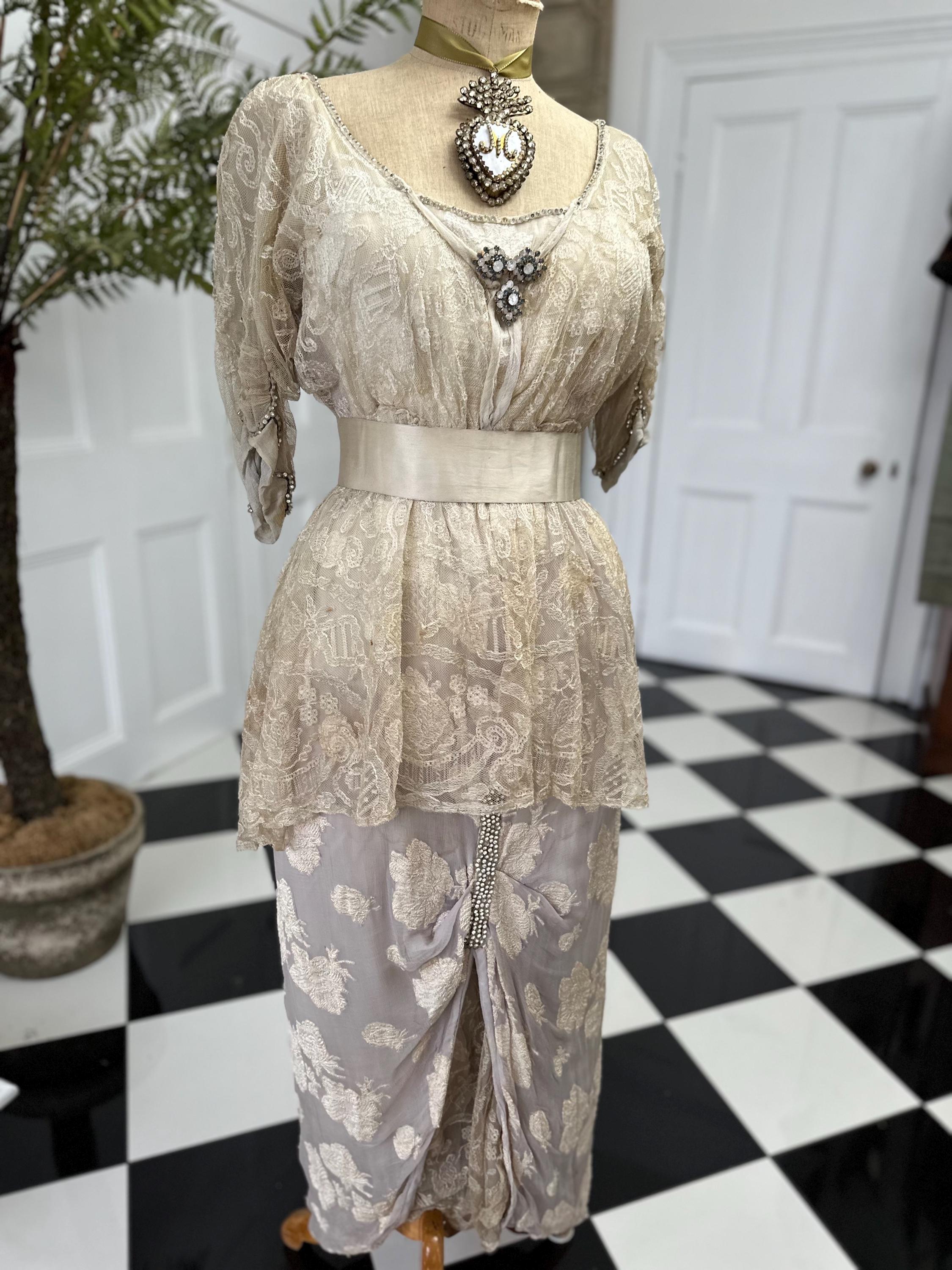 Edwardian Lace & Silk Dress: Titanic Style Rhinestone Trim, UK 8/10