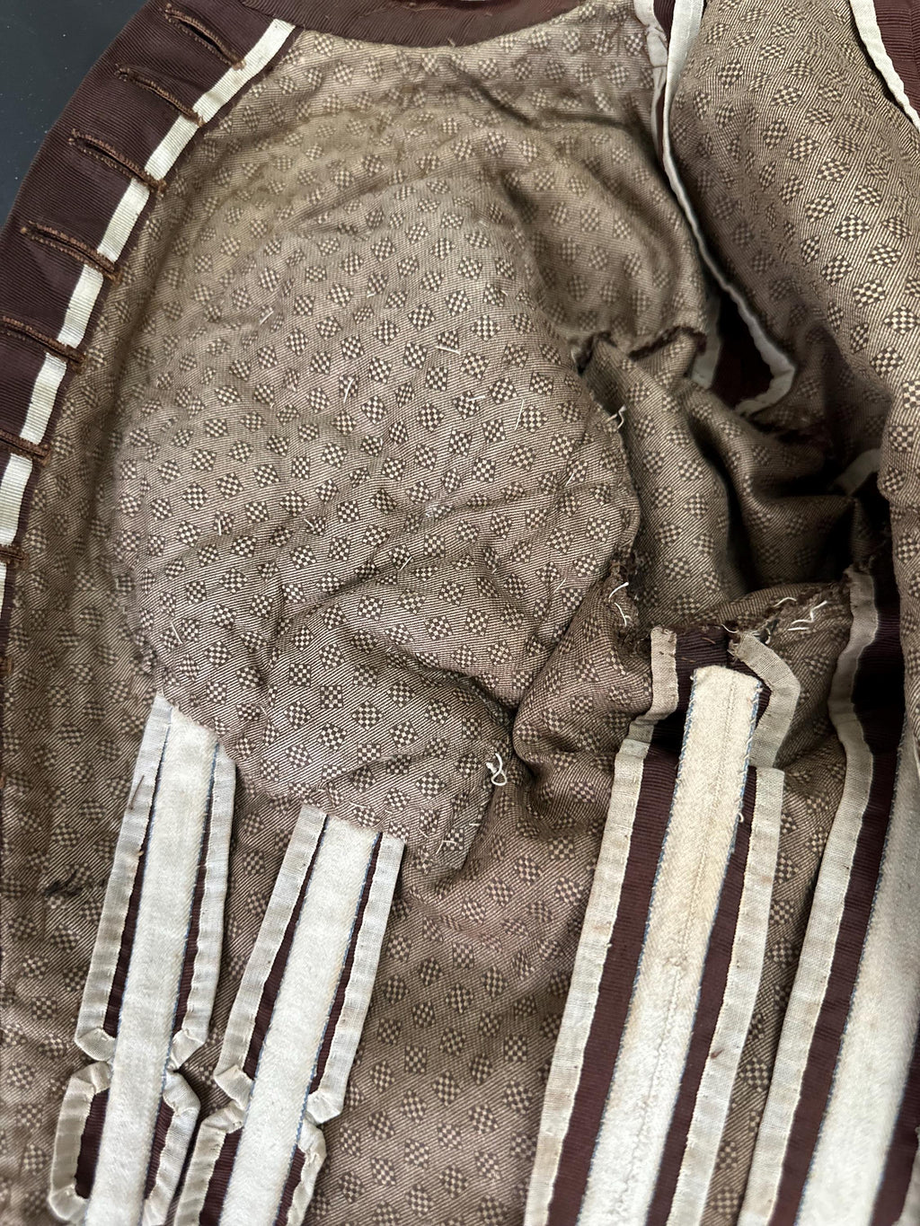 1880s French Silk Bodice: Bronze Brown Glass Beaded Embellishments