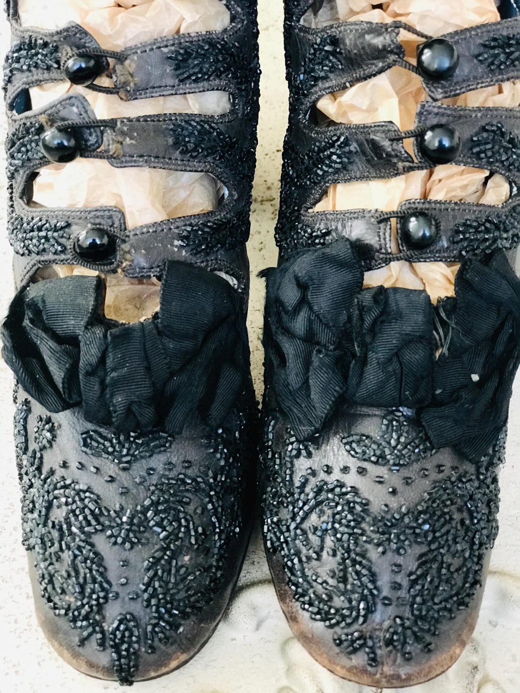 Antique Victorian shoe boots brown leather with beaded embroidery