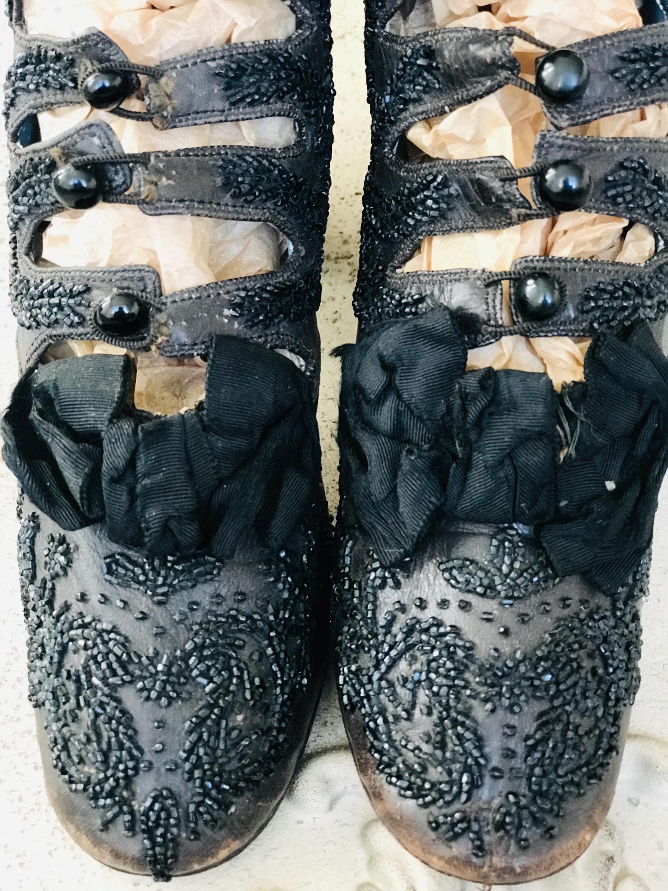 Antique Victorian shoe boots brown leather with beaded embroidery