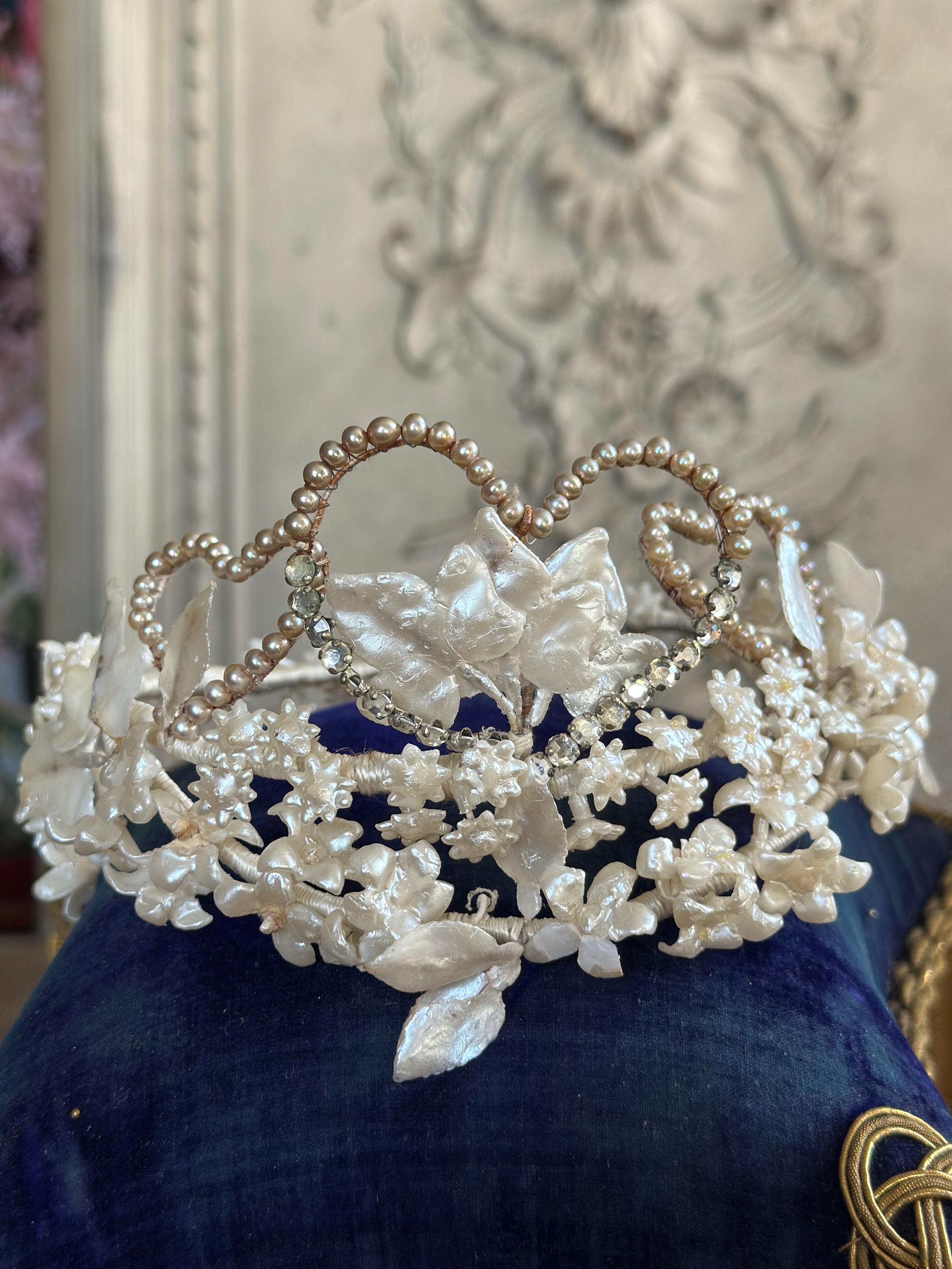 Vintage Floral Wax Tiara with Heart Accents 1930s 40s