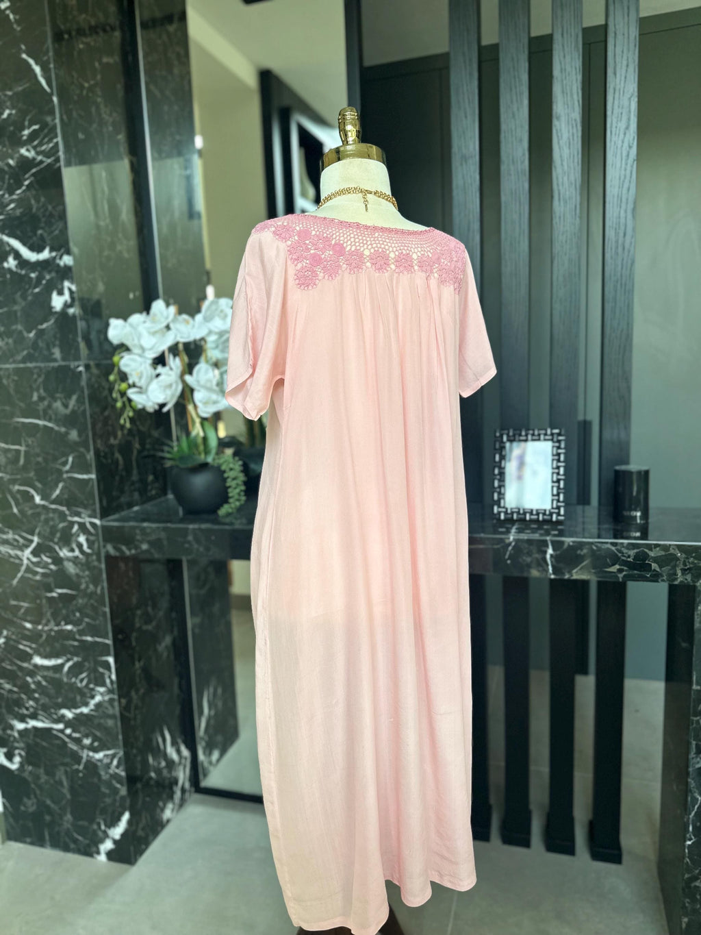 1940s Pink Silk Maxi Dress – Embroidered Crochet Neckline, Flutter Sleeve Gown