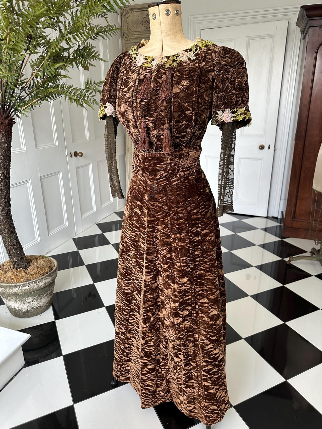 Edwardian silk crush  velvet bodice and skirt with pastel colours