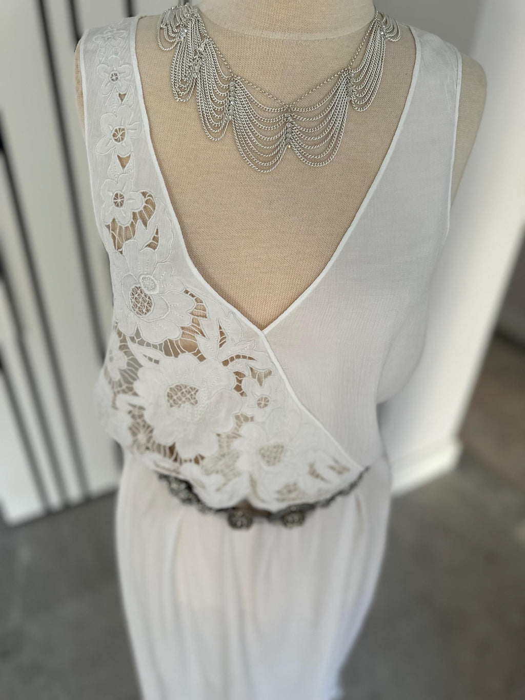 1970s crossover cutout lace white long slip dress