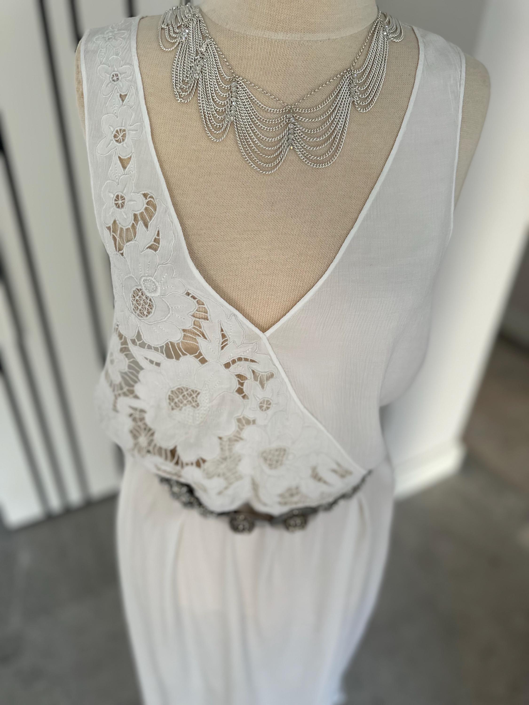 1970s crossover cutout lace white long slip dress