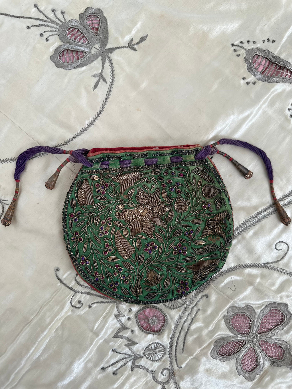 Antique Zardozi Purse: 19th Century Emerald Green Satin Coin Purse