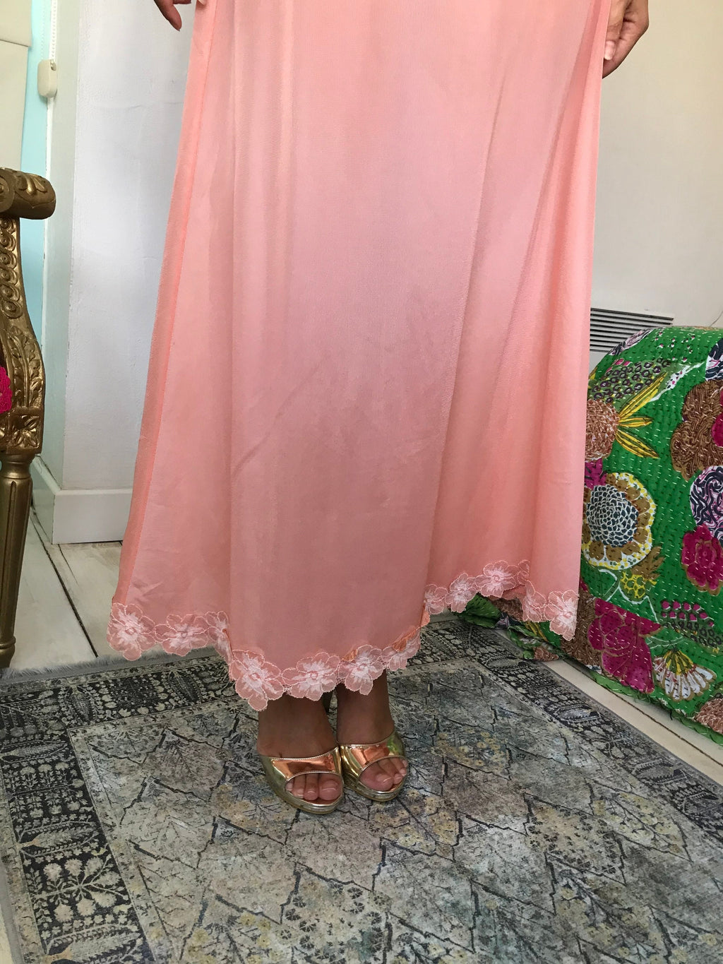 1970s long plunge neck lingerie slip dress