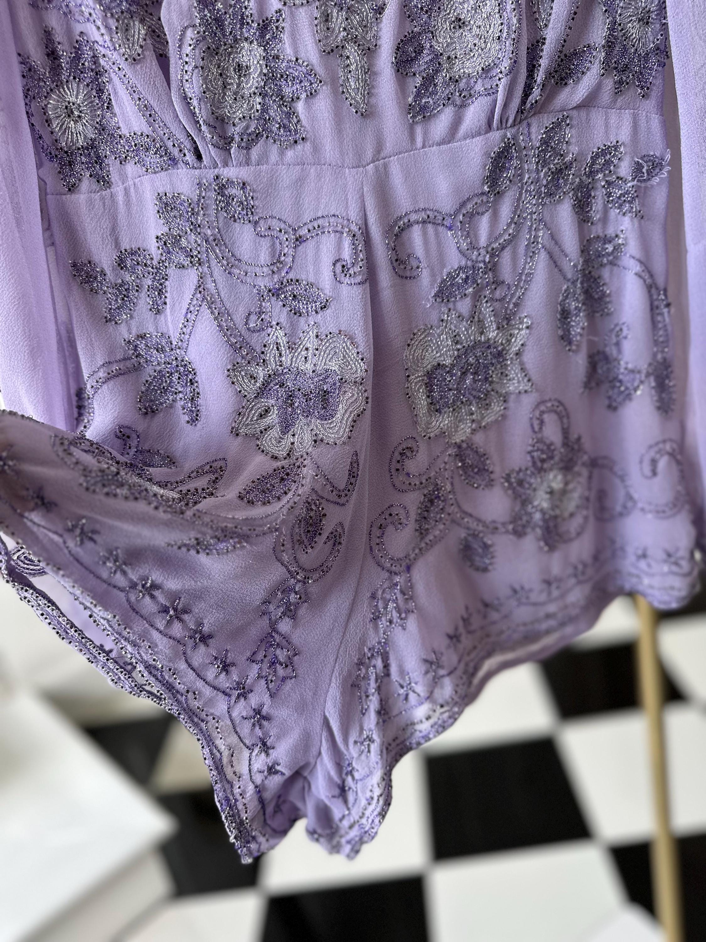 Vintage chiffon Lavender Beaded Floral Romper with Open Back and Long Sleeves