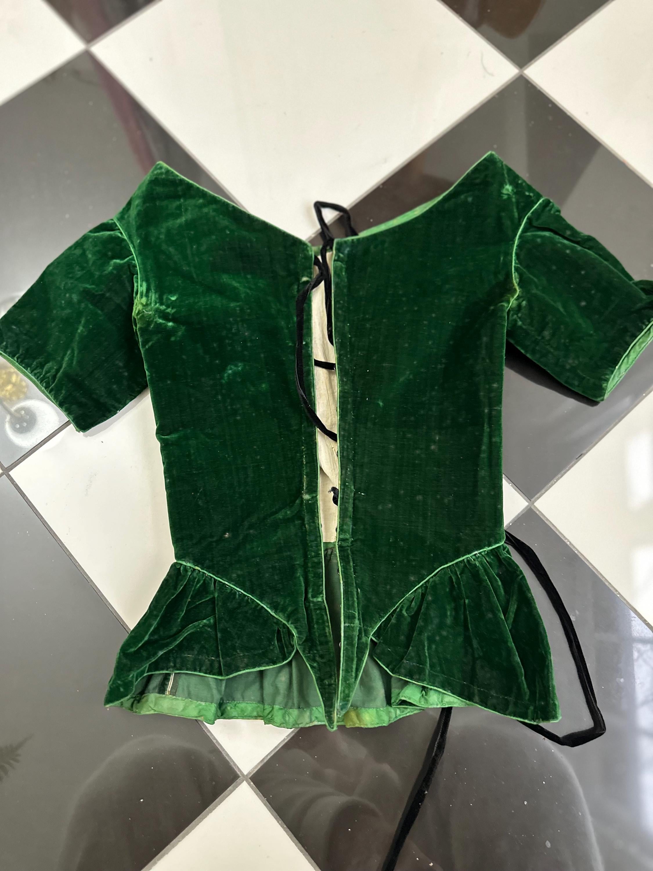 1860s Emerald Green Velvet Bodice Corset: Antique Ribbon, Collectible