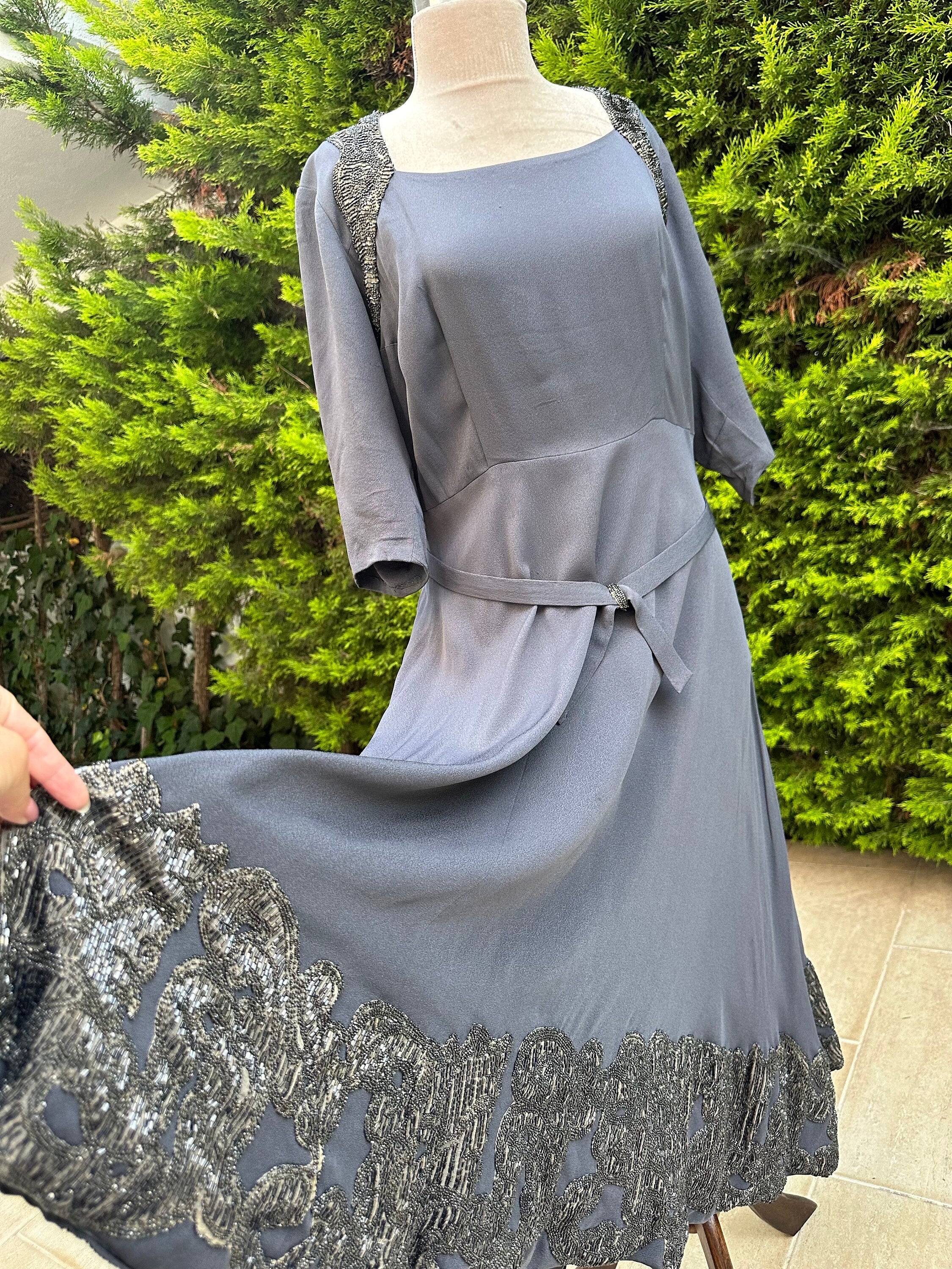 1940s Silk grey beaded cocktail dress party dress