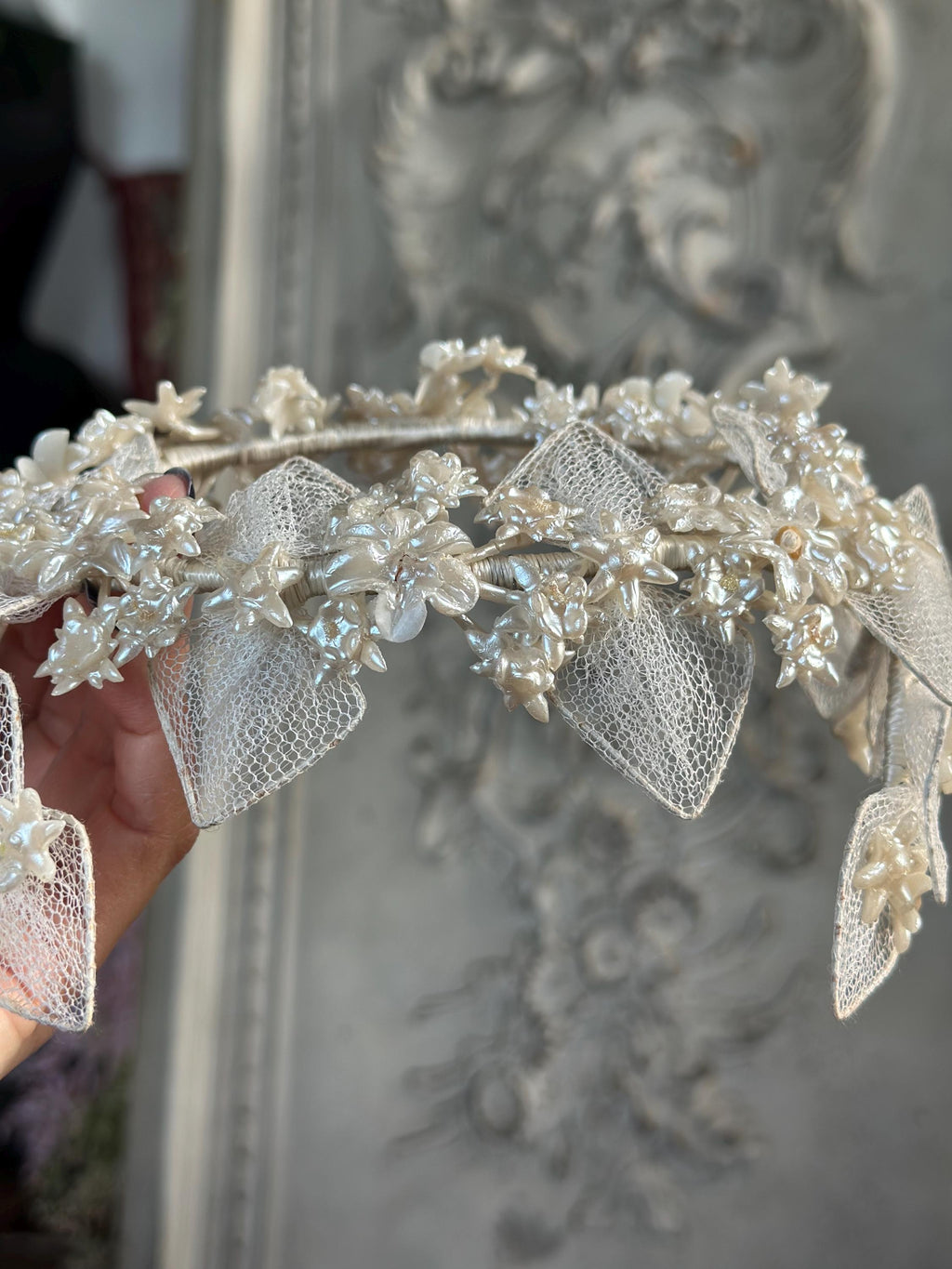 Antique 1940s  Floral Wax Tiara with tulle