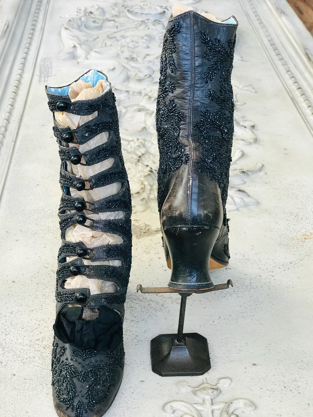 Antique Victorian shoe boots brown leather with beaded embroidery