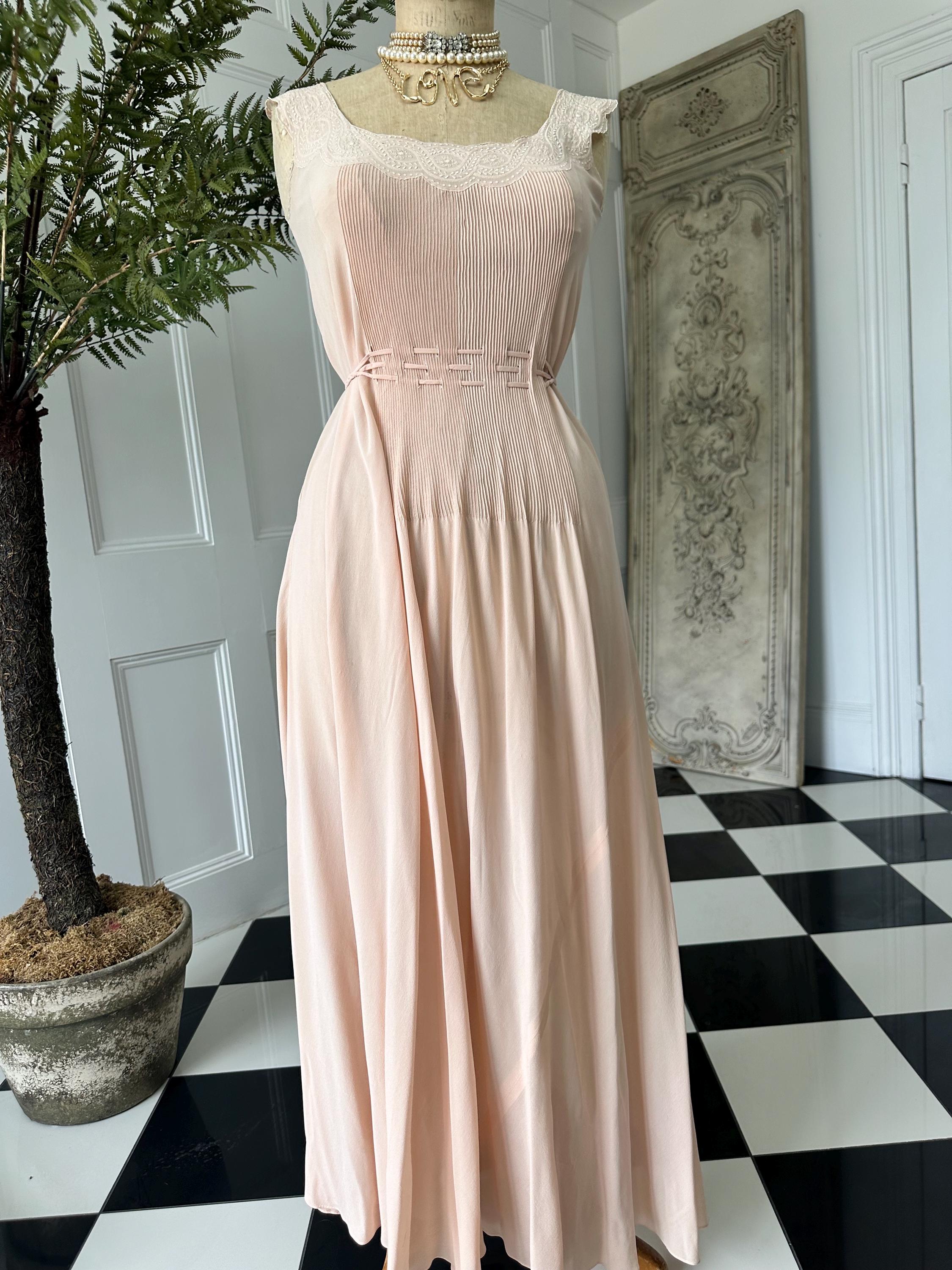 1930s Silk Crepe Gown: Hand-Embroidered Lace, Bias Cut Maxi Dress