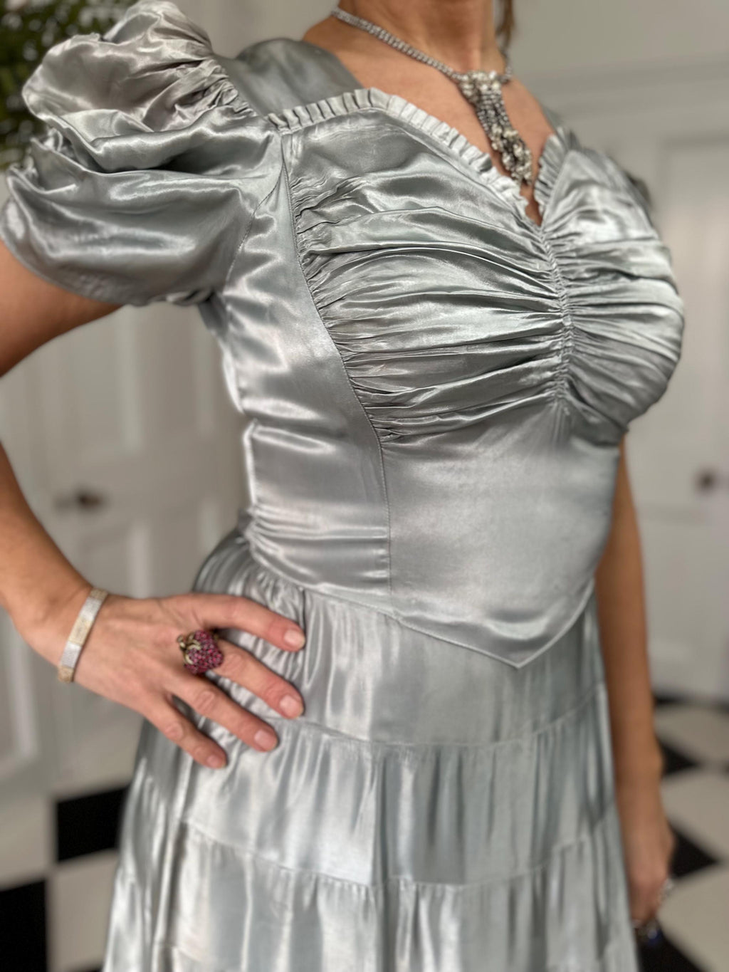 1930s long satin grey evening gown dress