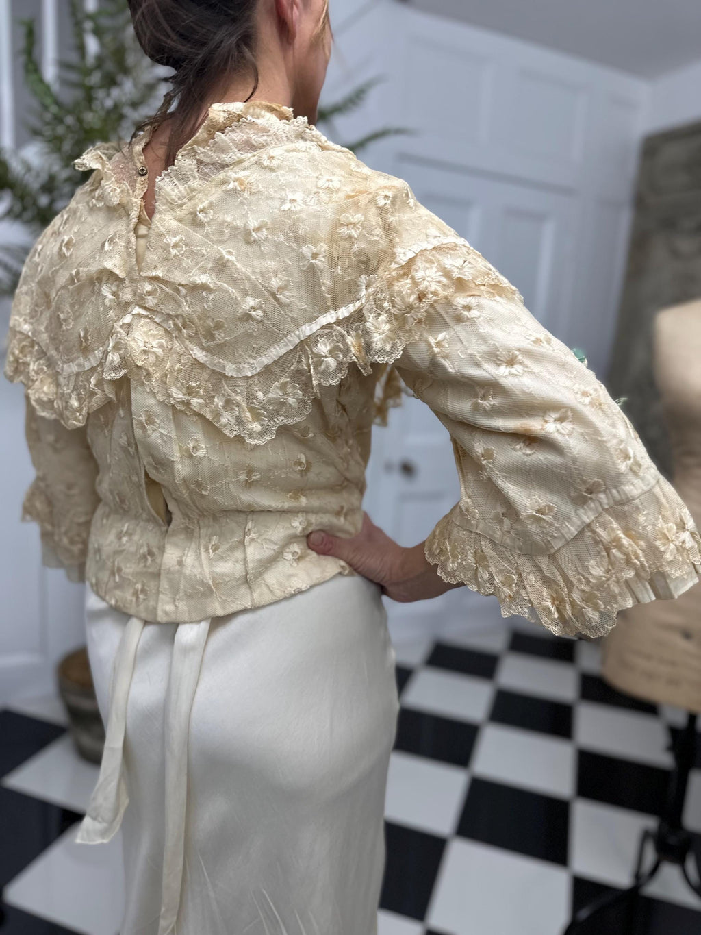 Romantic Lace Bridal Bodice Silk Embroidery with Floral Corsage and Silk Ribbon Details