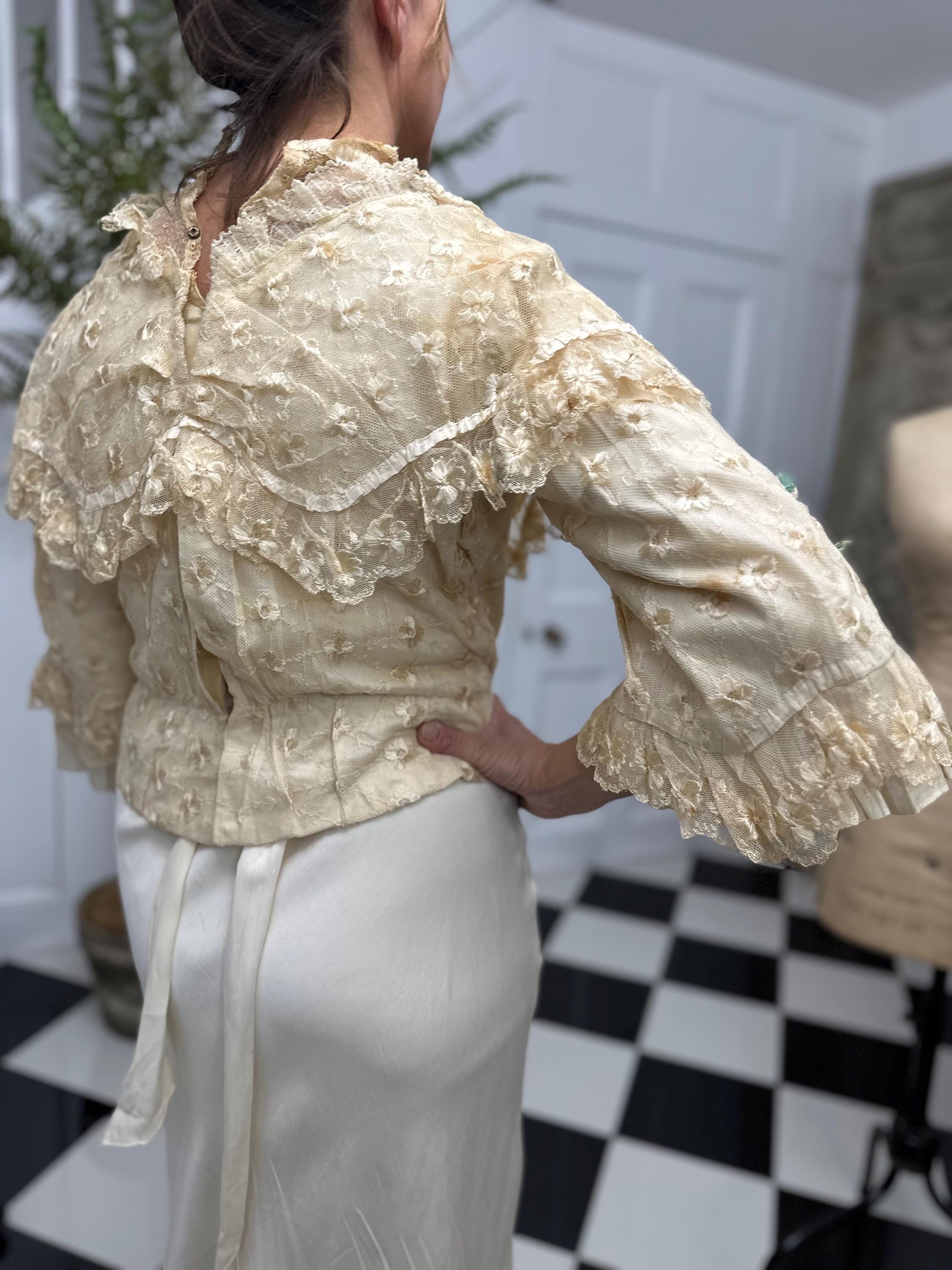 Romantic Lace Bridal Bodice Silk Embroidery with Floral Corsage and Silk Ribbon Details