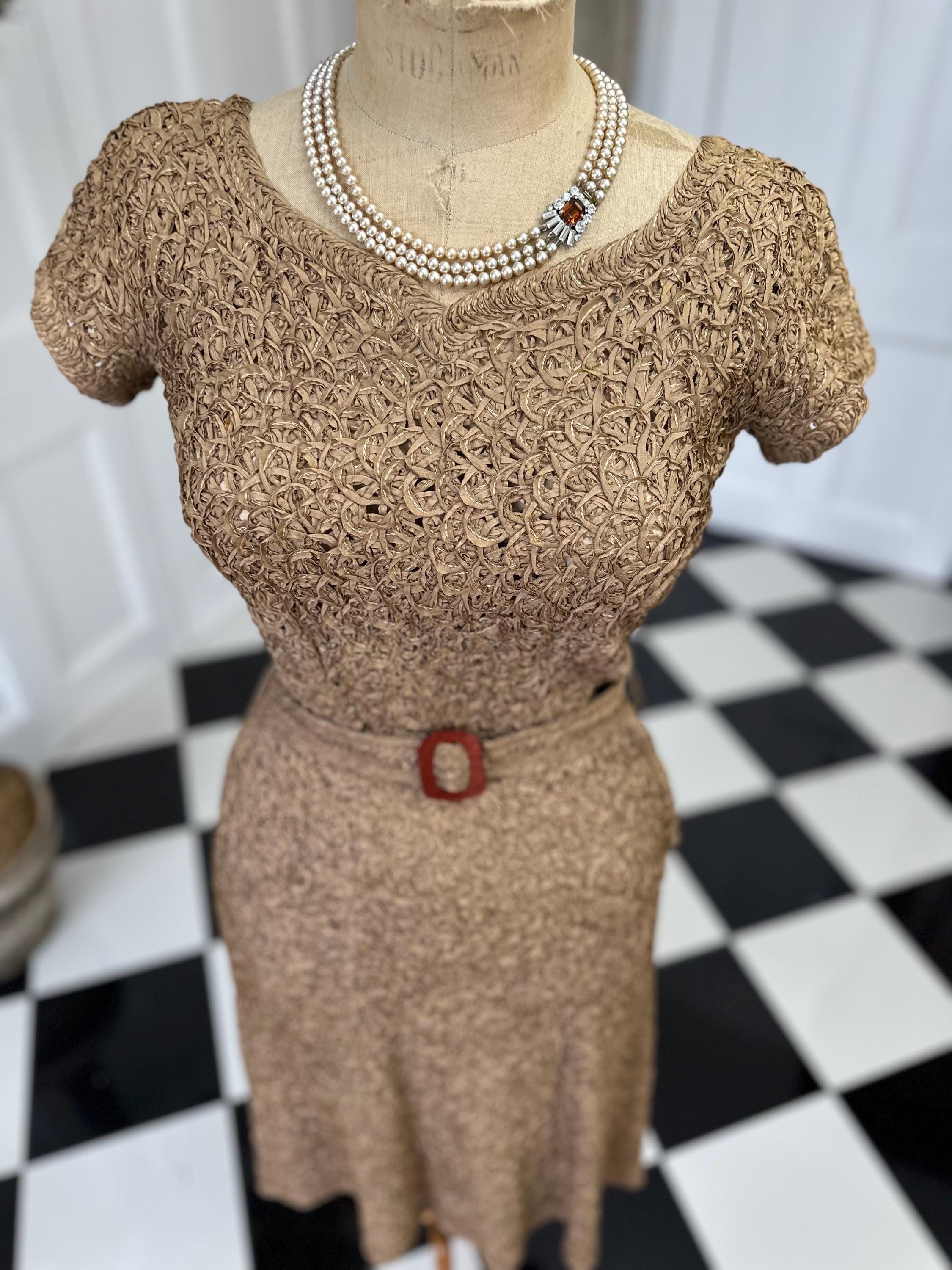 1940s Ribbon Work Dress: Brown Vintage Irene of Glenton
