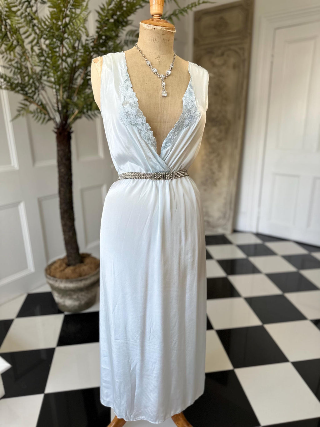 Sexy 1980s long slip dress in pale blue