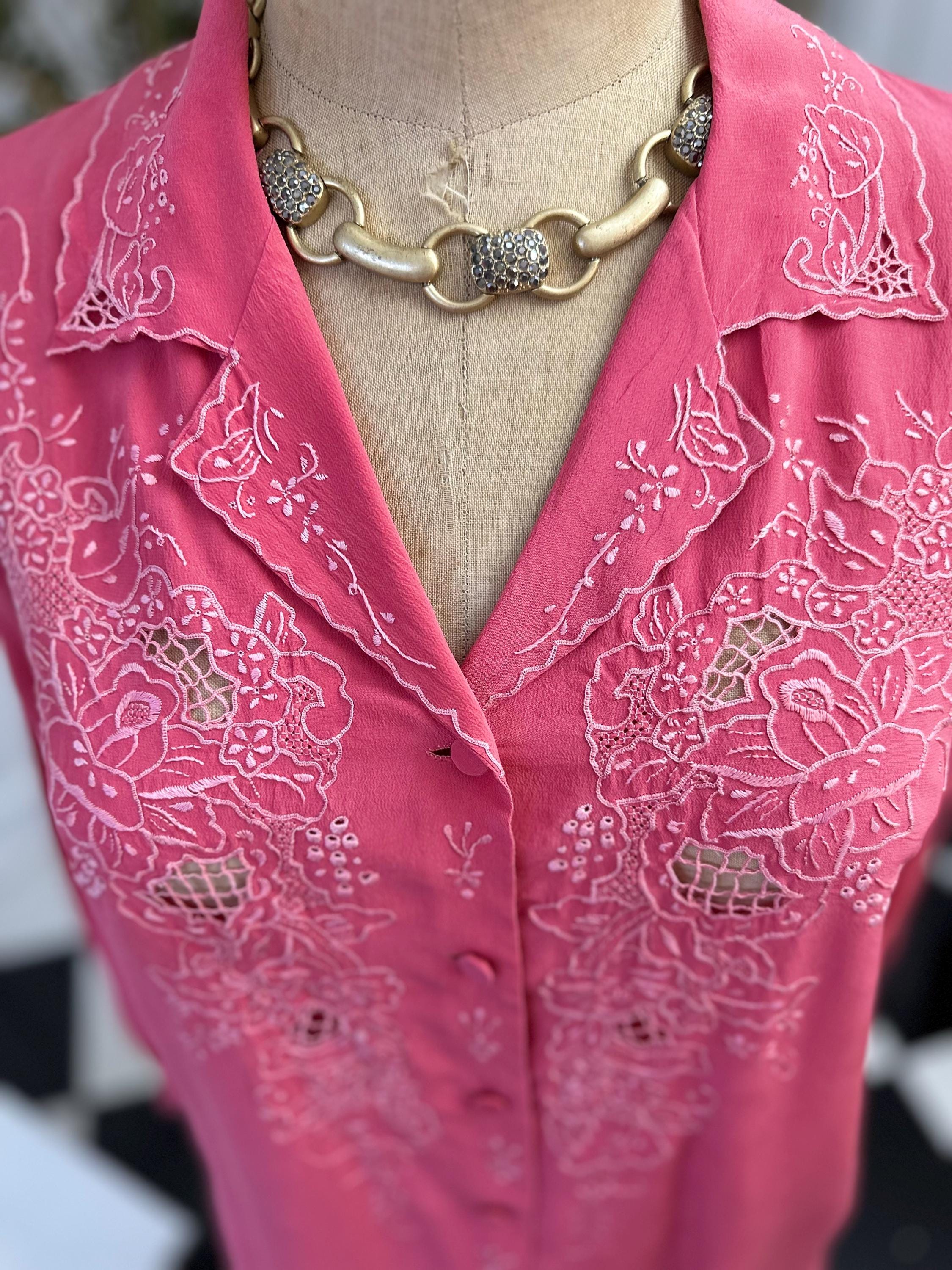 Vintage rose pink hand embroidery long sleeve blouse  large Uk 14 to Uk 16