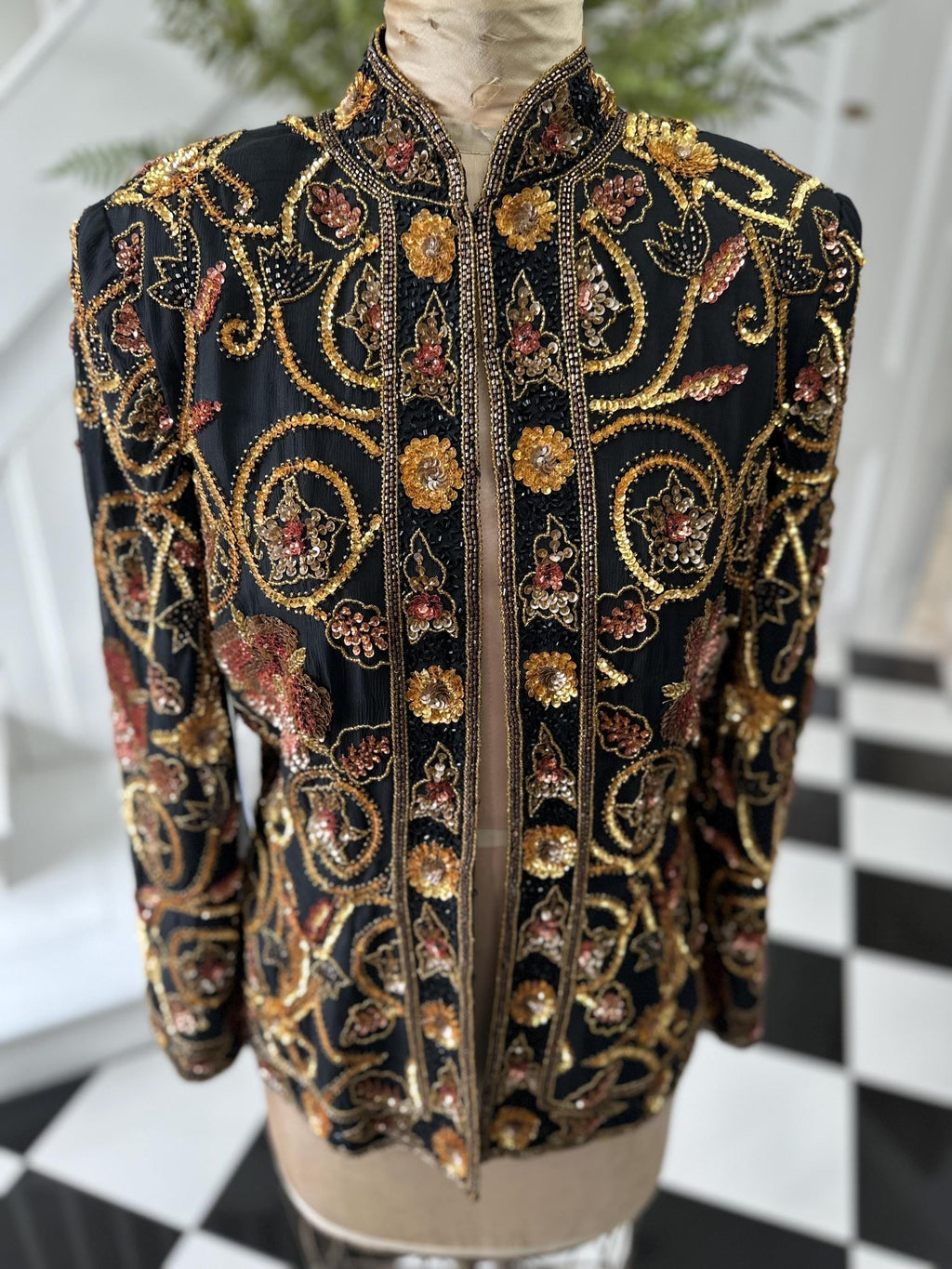 1990s Silk with bronze and gold  sequin long sleeve jacket