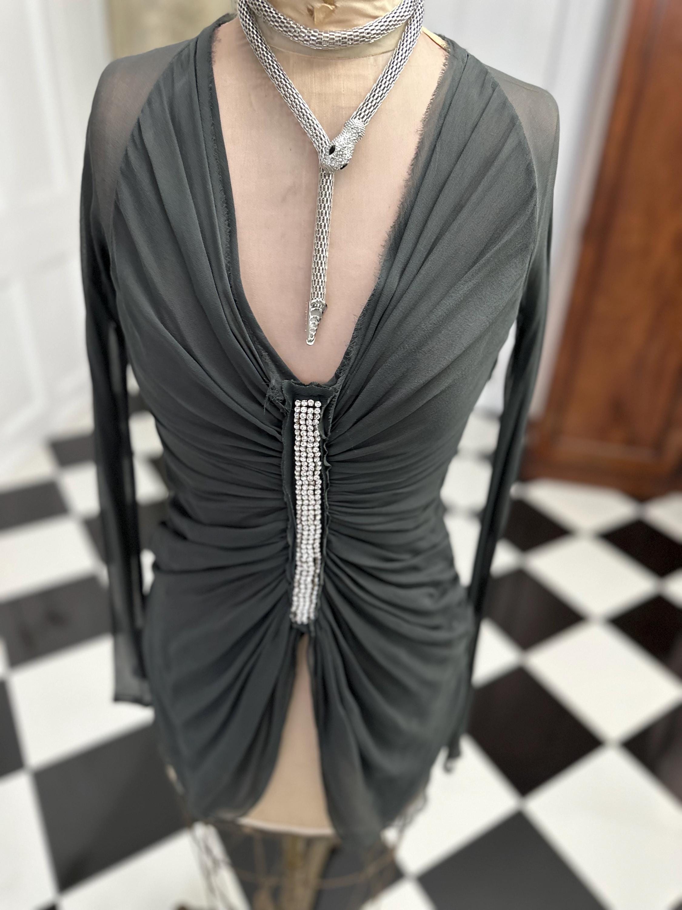Vintage Dark Grey Silk Crepe Blouse Elegant Long Sleeve with Plunge Neckline