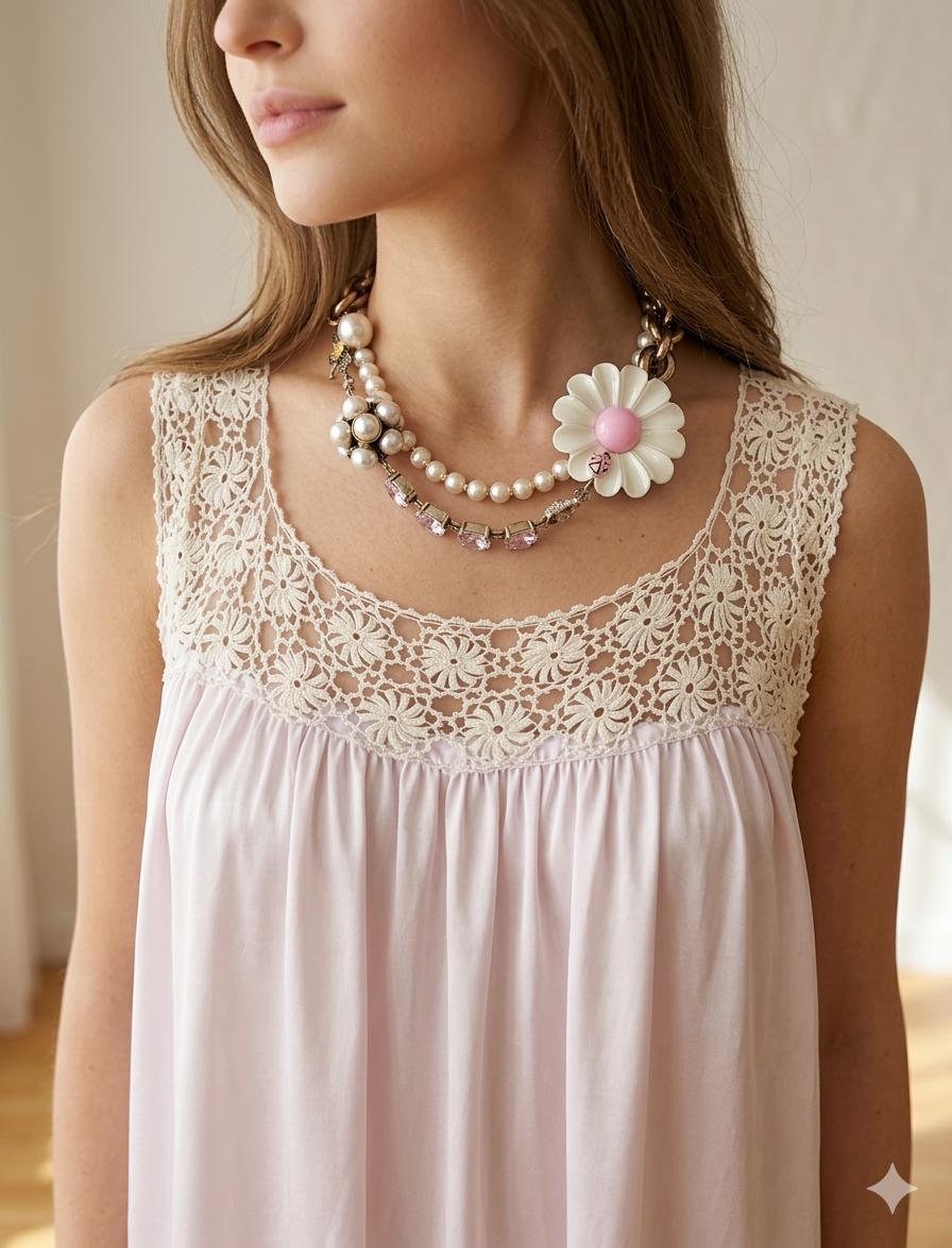 1940s lilac slip dress with fine hand crochet lace top details