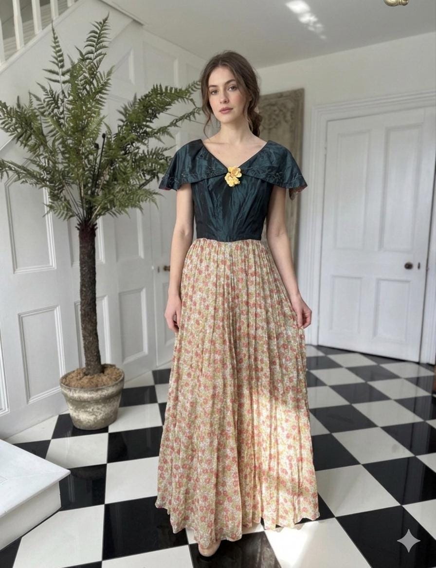 Vintage 1930s 1940s organdie and silk taffeta  ball gown with sequin details