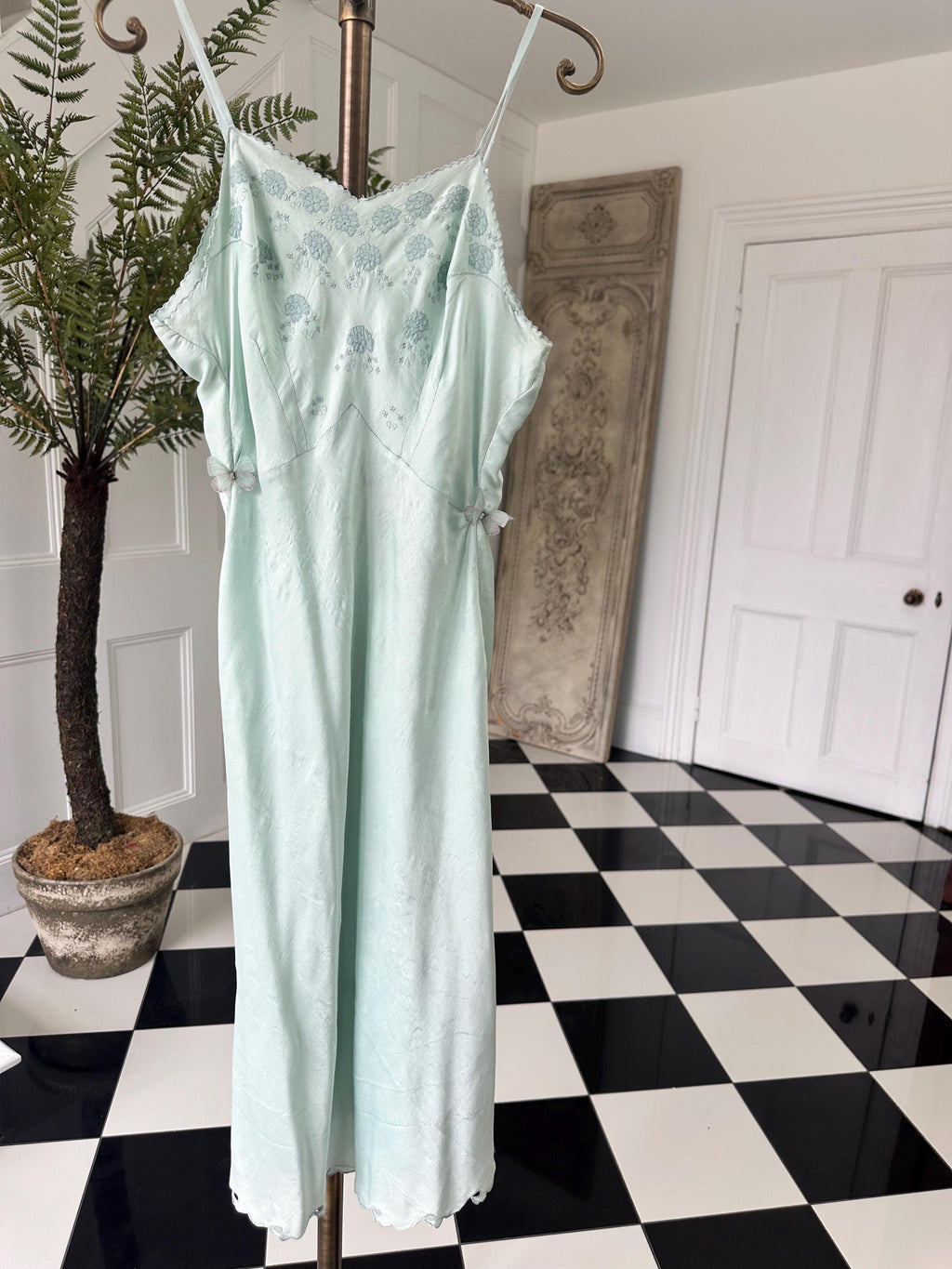 1940 Pale blue slip dress hand embroidery details