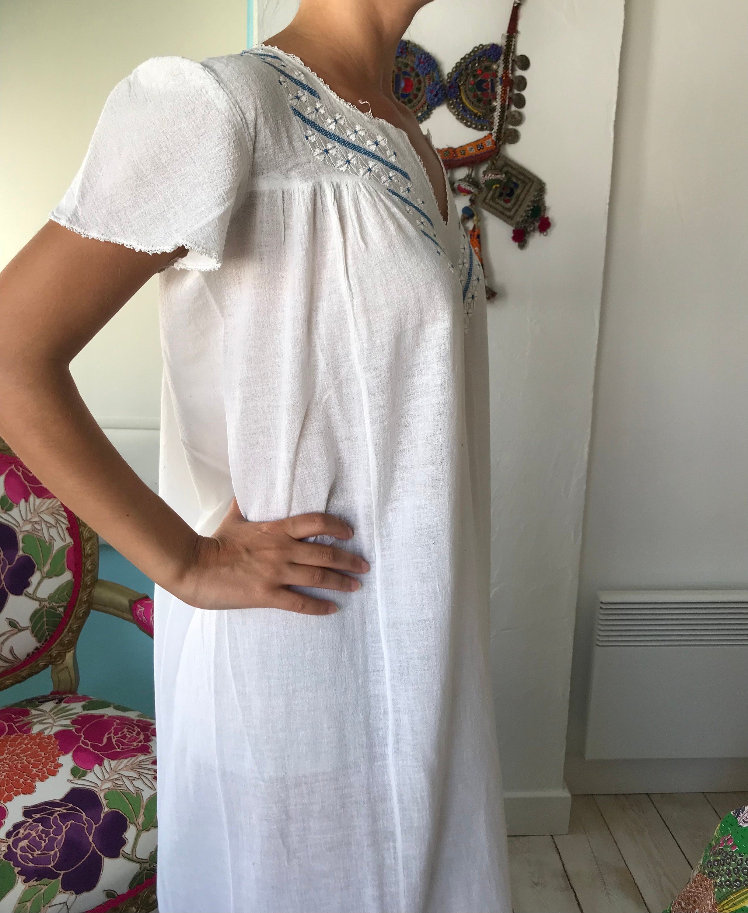 1970s hand loomed cotton muslin  hand embroidered smock dress