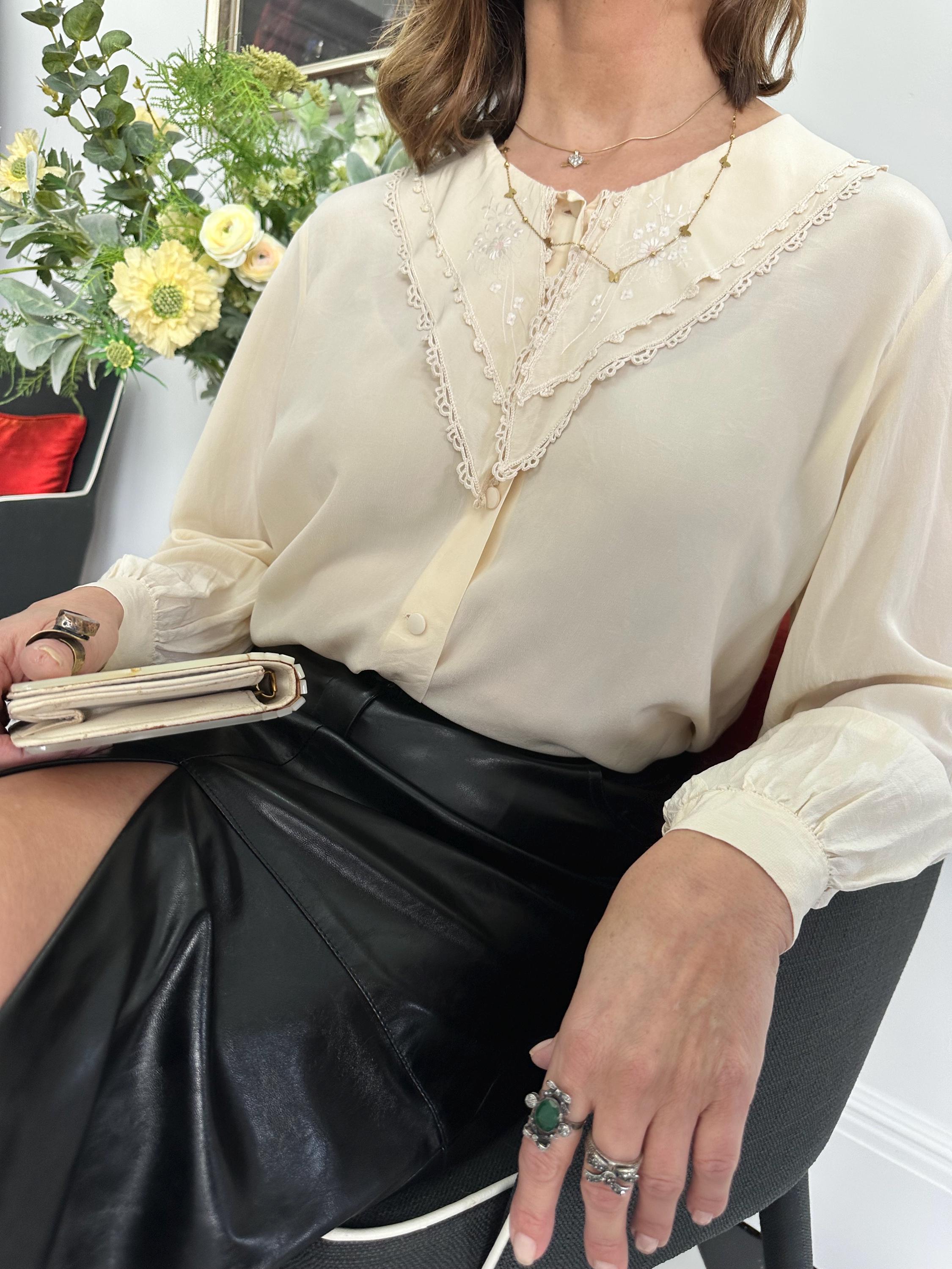 Vintage cream silk blouse with hand embroidery detail