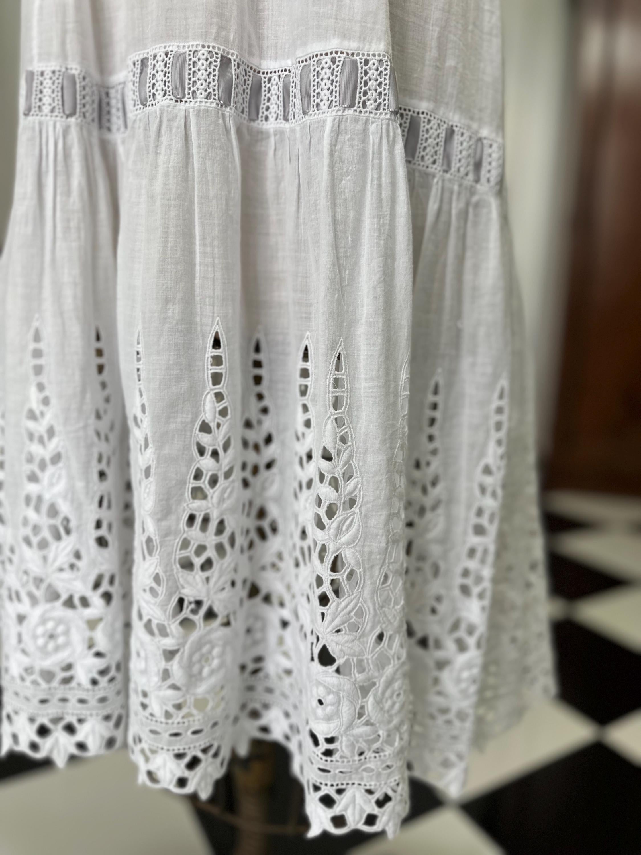 1910s Edwardian white embroidered lace  under dress with grey ribbon details