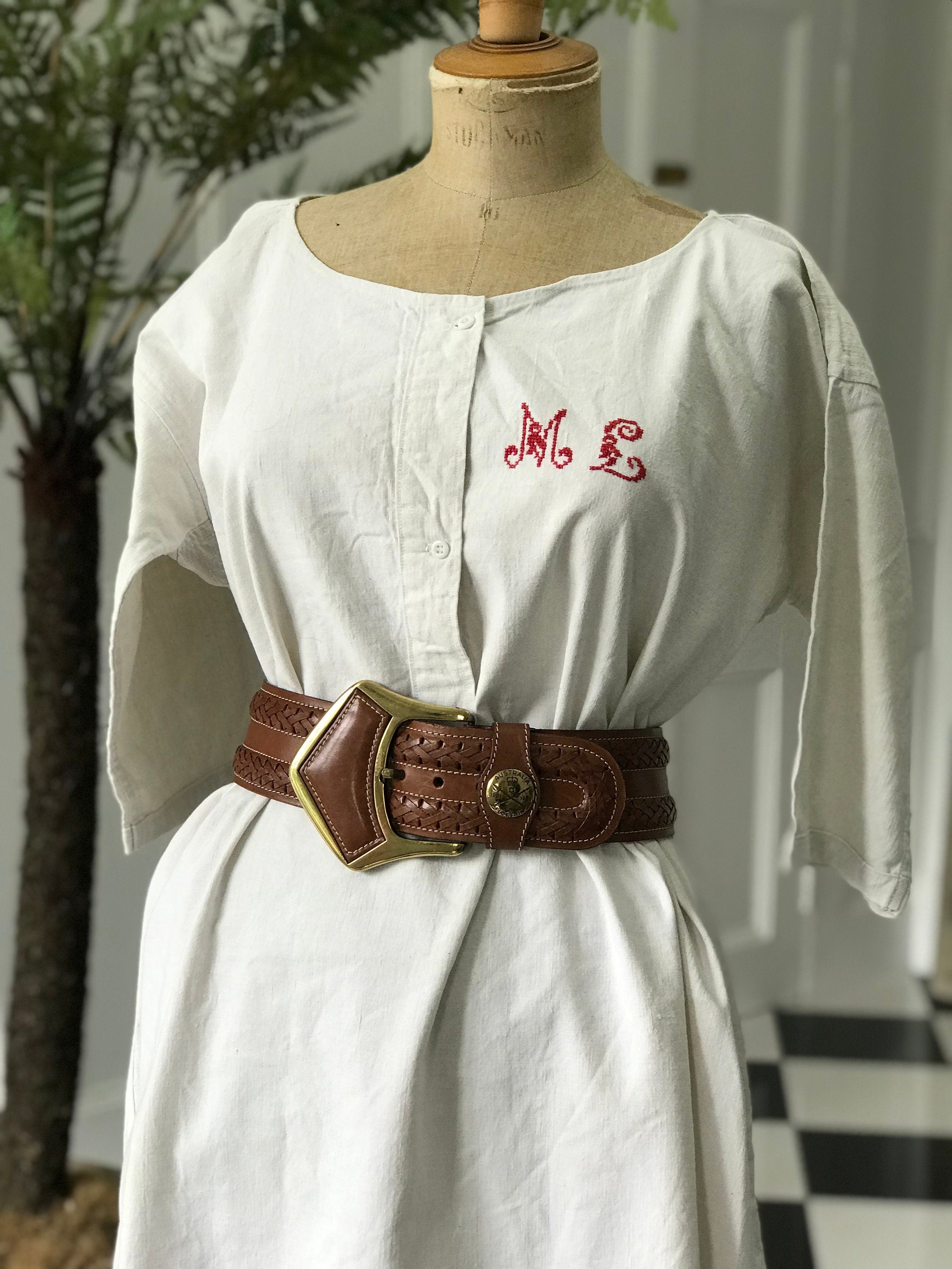 1800s antique French  hemp linen smock dress  monogram ML