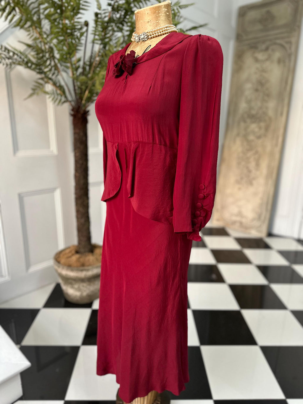 1940 Ruby red peplum dress with silk corsage