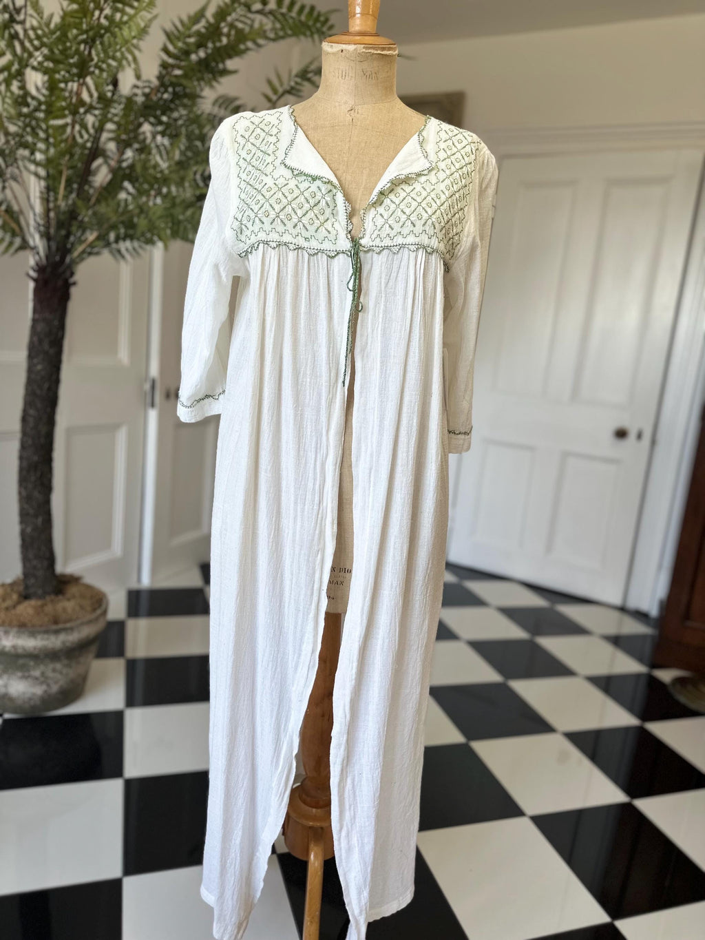 1970s Long hand loomed muslin cotton  gown with hand embroidered kimono