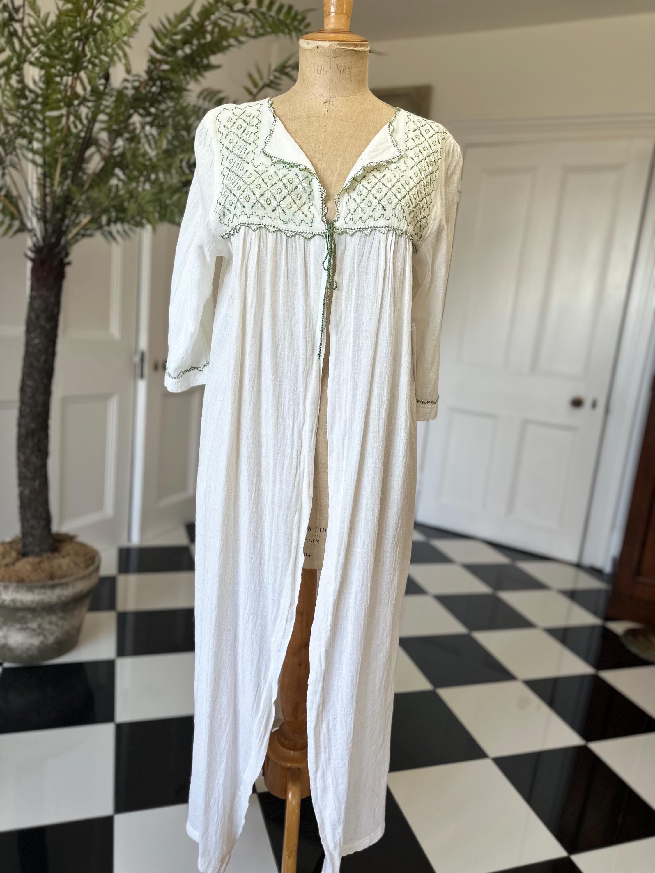 1970s Long hand loomed muslin cotton  gown with hand embroidered kimono