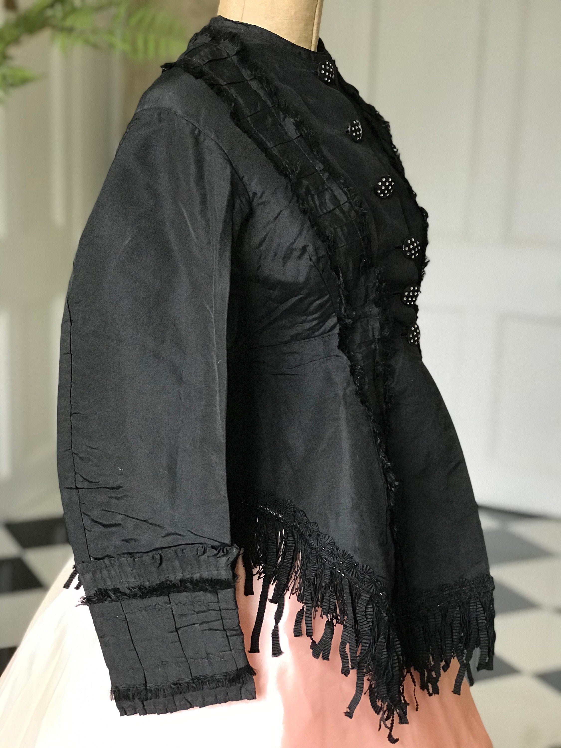 1860s Victorian Black Silk Bodice Jacket with Passementerie