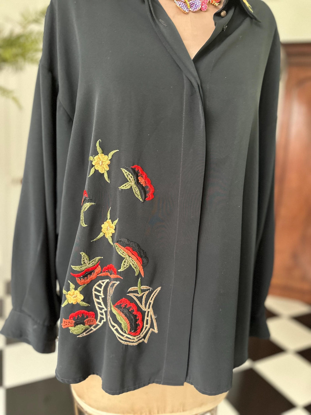 Vintage 1980s Black Long Sleeve Blouse with Embroidered Collar
