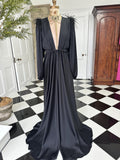 Vintage 1940s style black maxi gown robe with ostrich feather