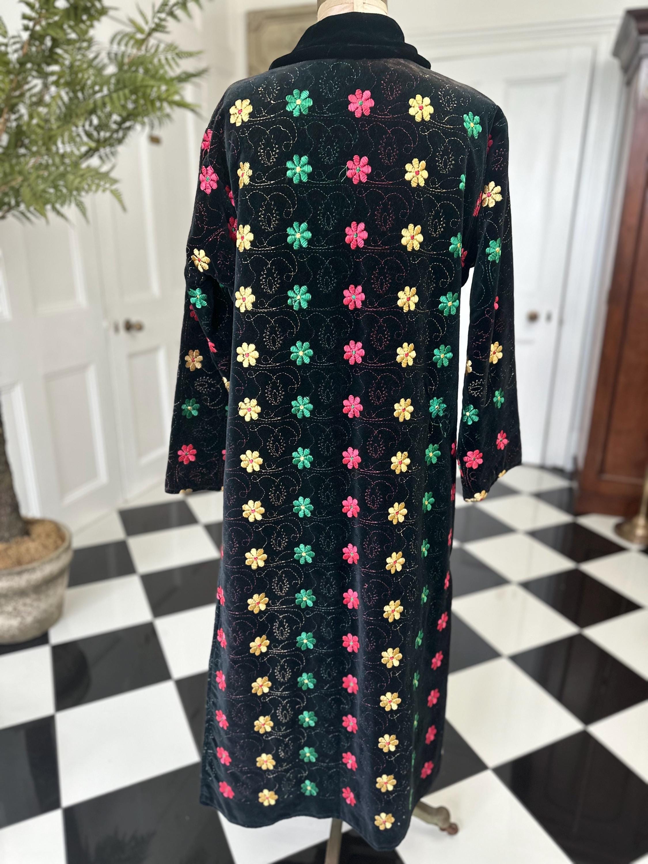 1950s black velvet kimono  house coat with silk embroidery coat