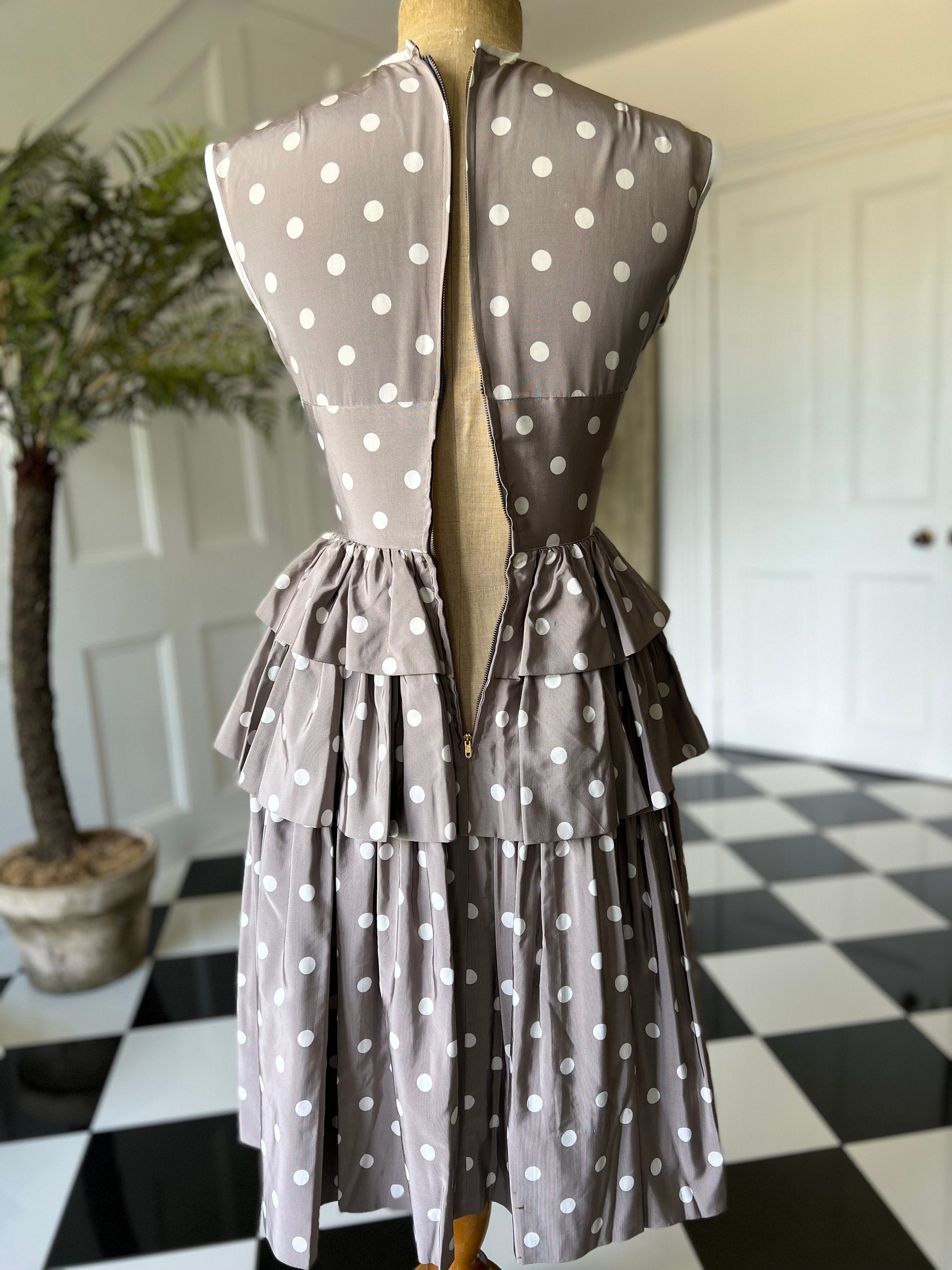 1950s mink and  white  silk tafetta polka dot ruffle skirt dress