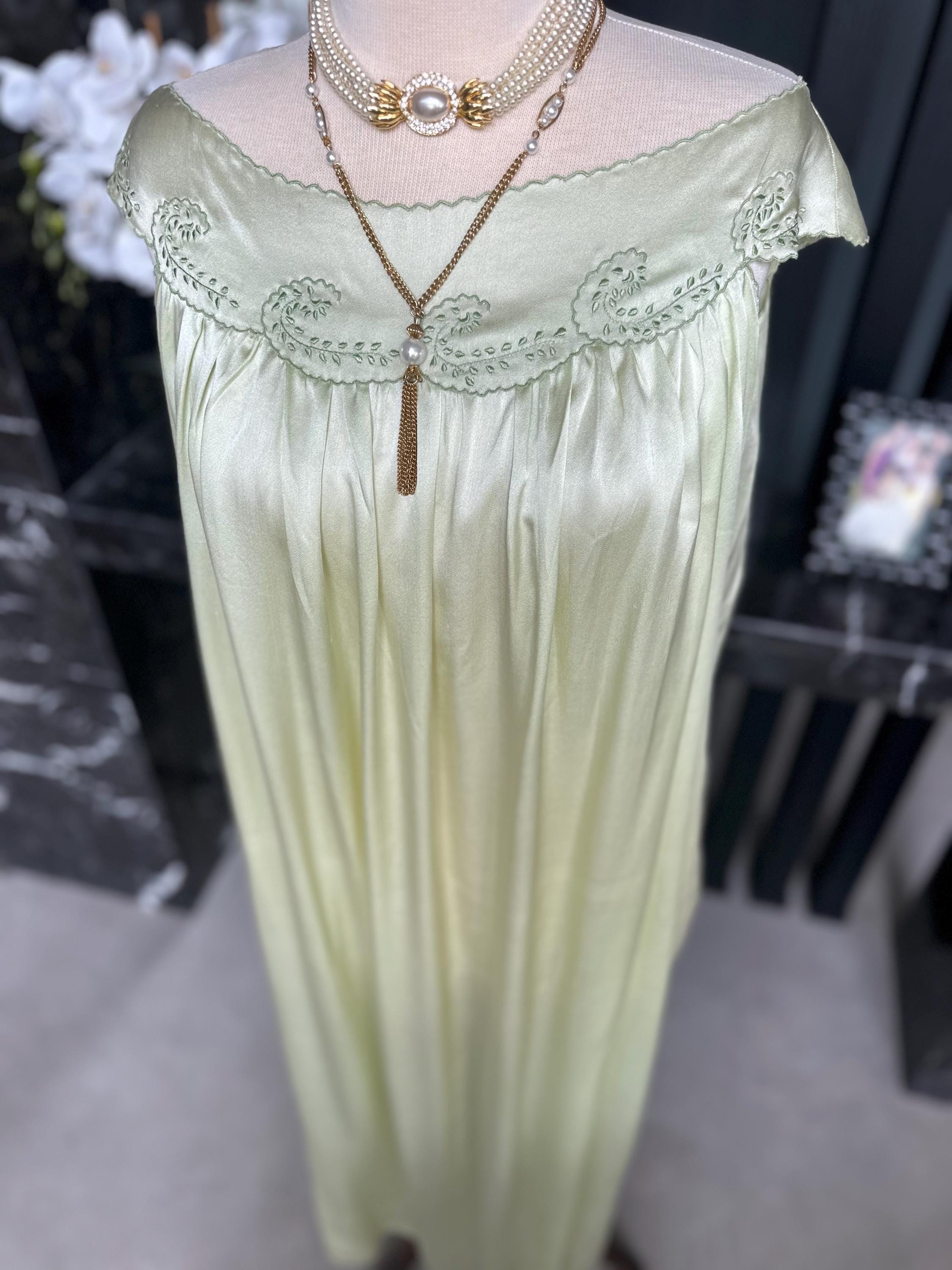 Antique 1920s-1930s Sage Silk Nightgown – Authentic Art Deco Off-Shoulder Gown