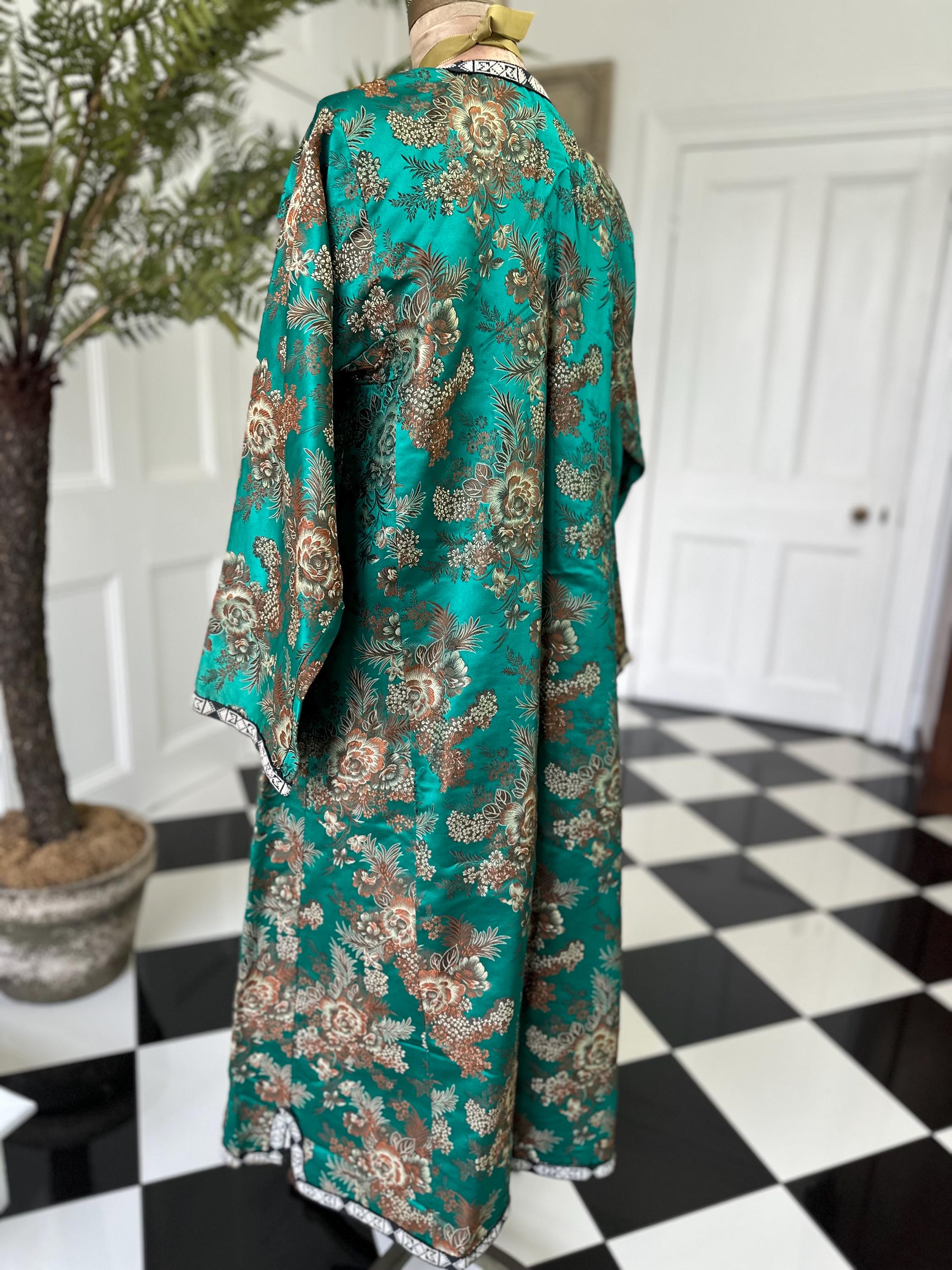 Antique Brocade Emerald Green Robe from the 1900s