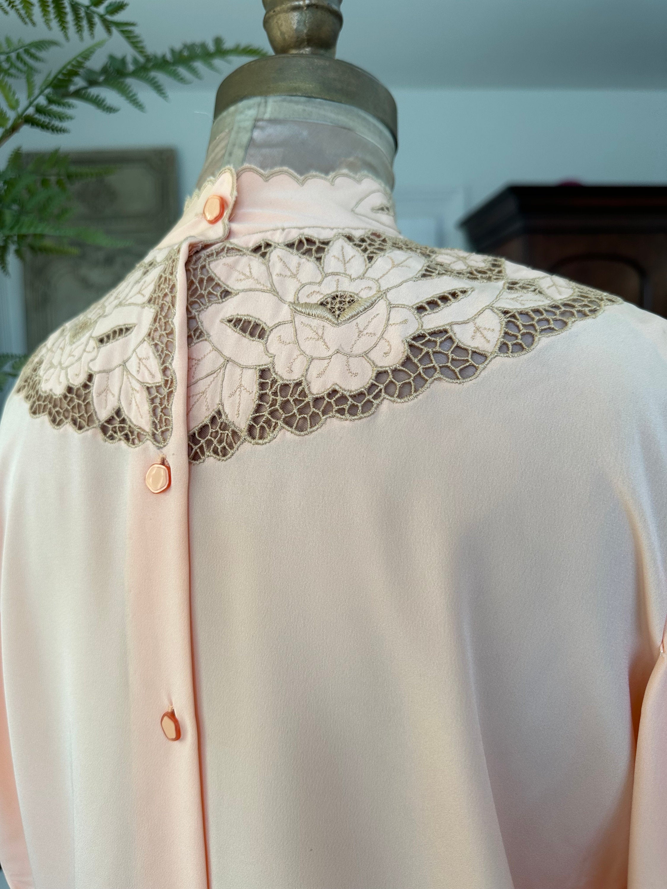 Vintage peach cut out lace high neck blouse