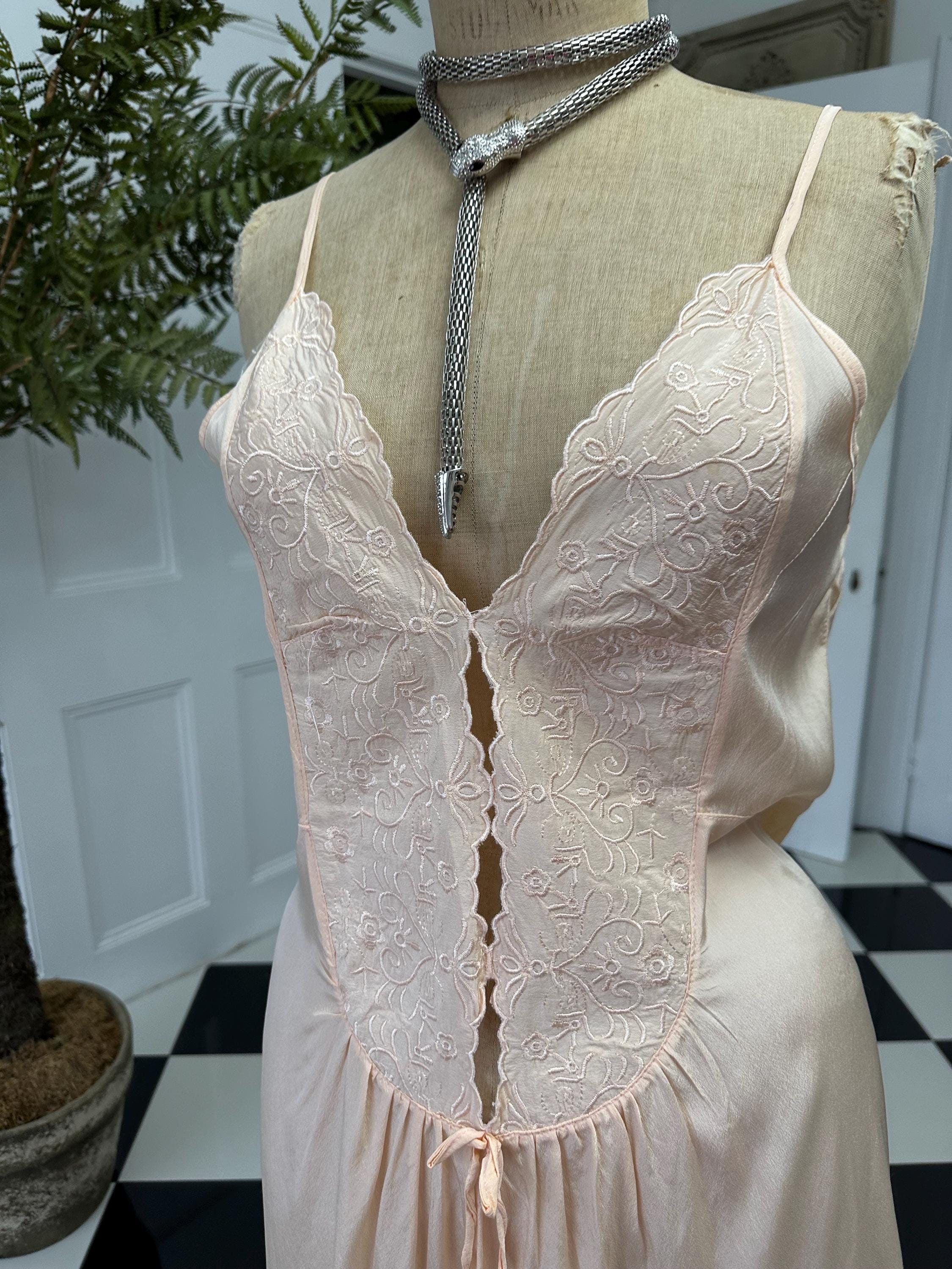 Vintage 1970s Peach Strappy Slip Dress with Heavy Embroidery