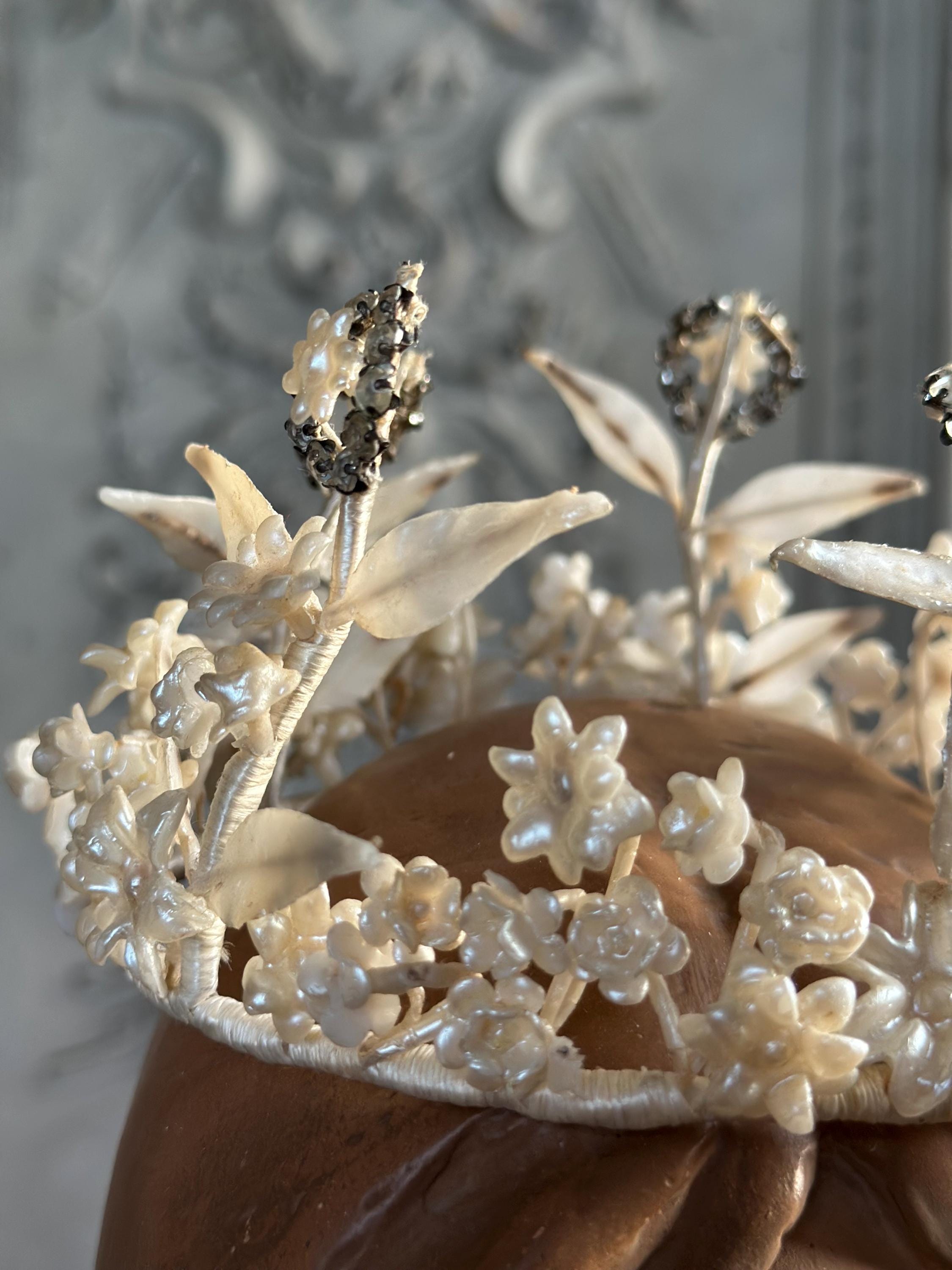 1910s 1920s Wax Elegant Handcrafted flowers and Crystals wedding Tiara