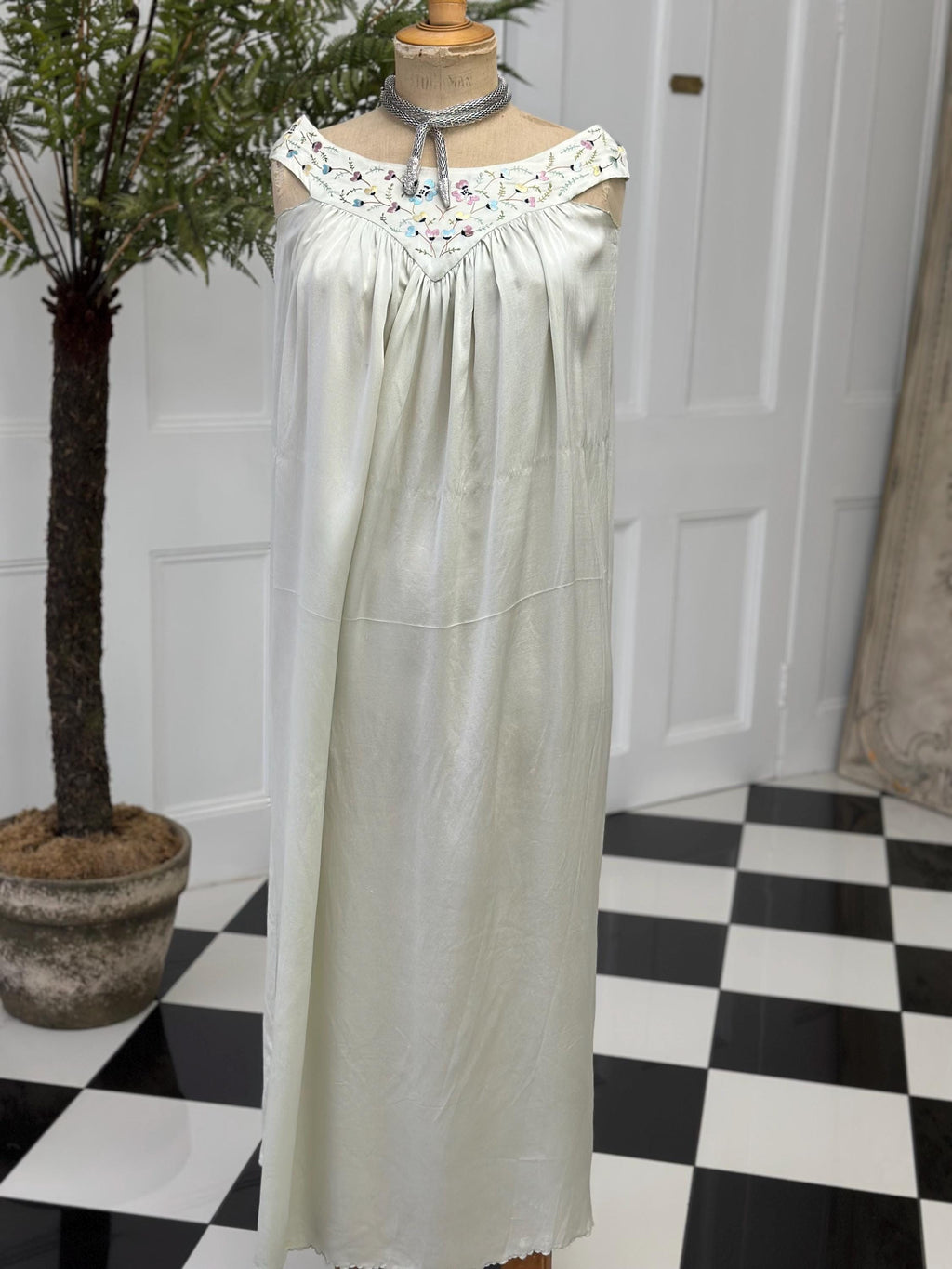 Vintage 1940s Grey Silk Slip Dress with Hand-Embroidered Details