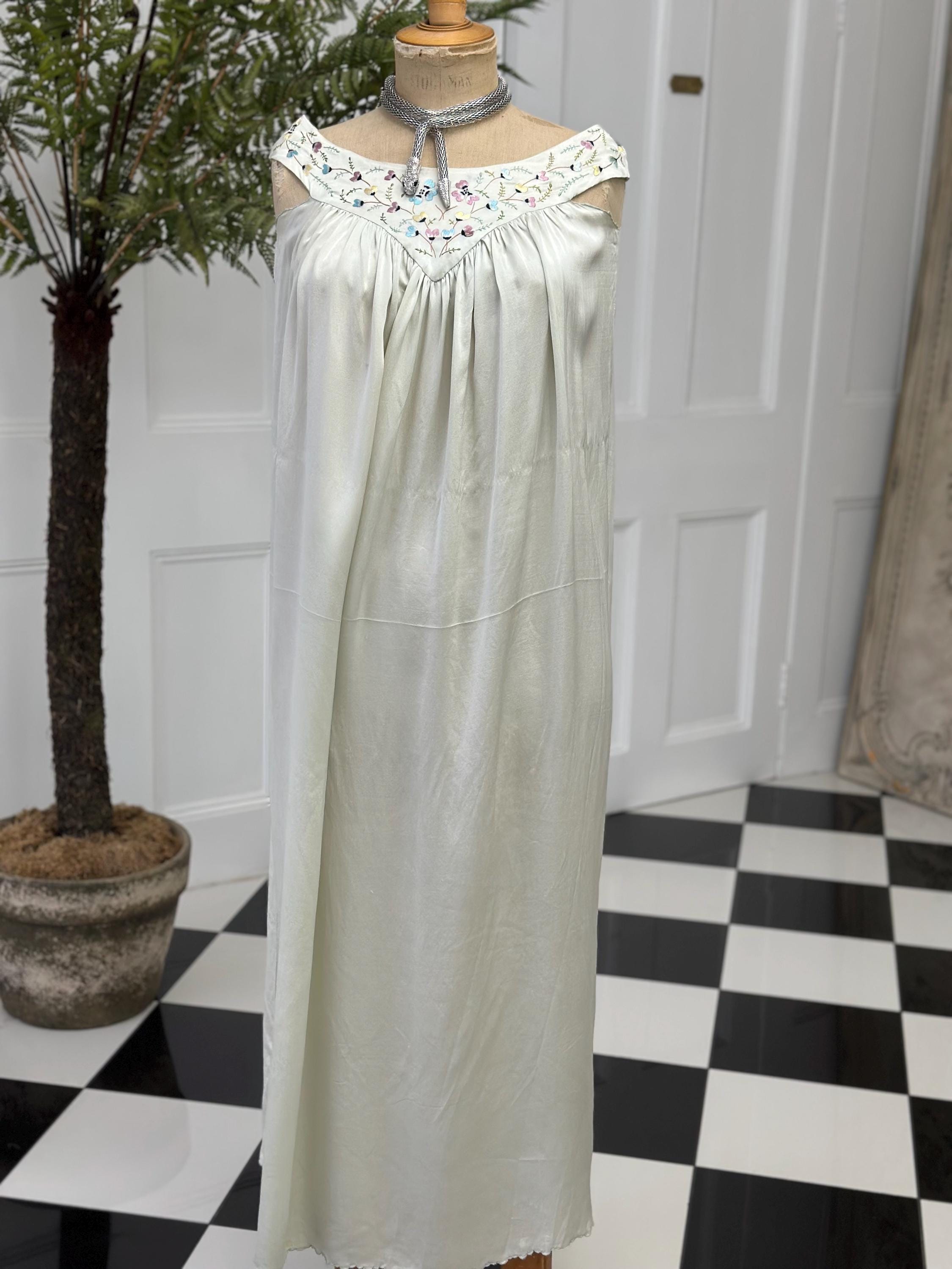 Vintage 1940s Grey Silk Slip Dress with Hand-Embroidered Details