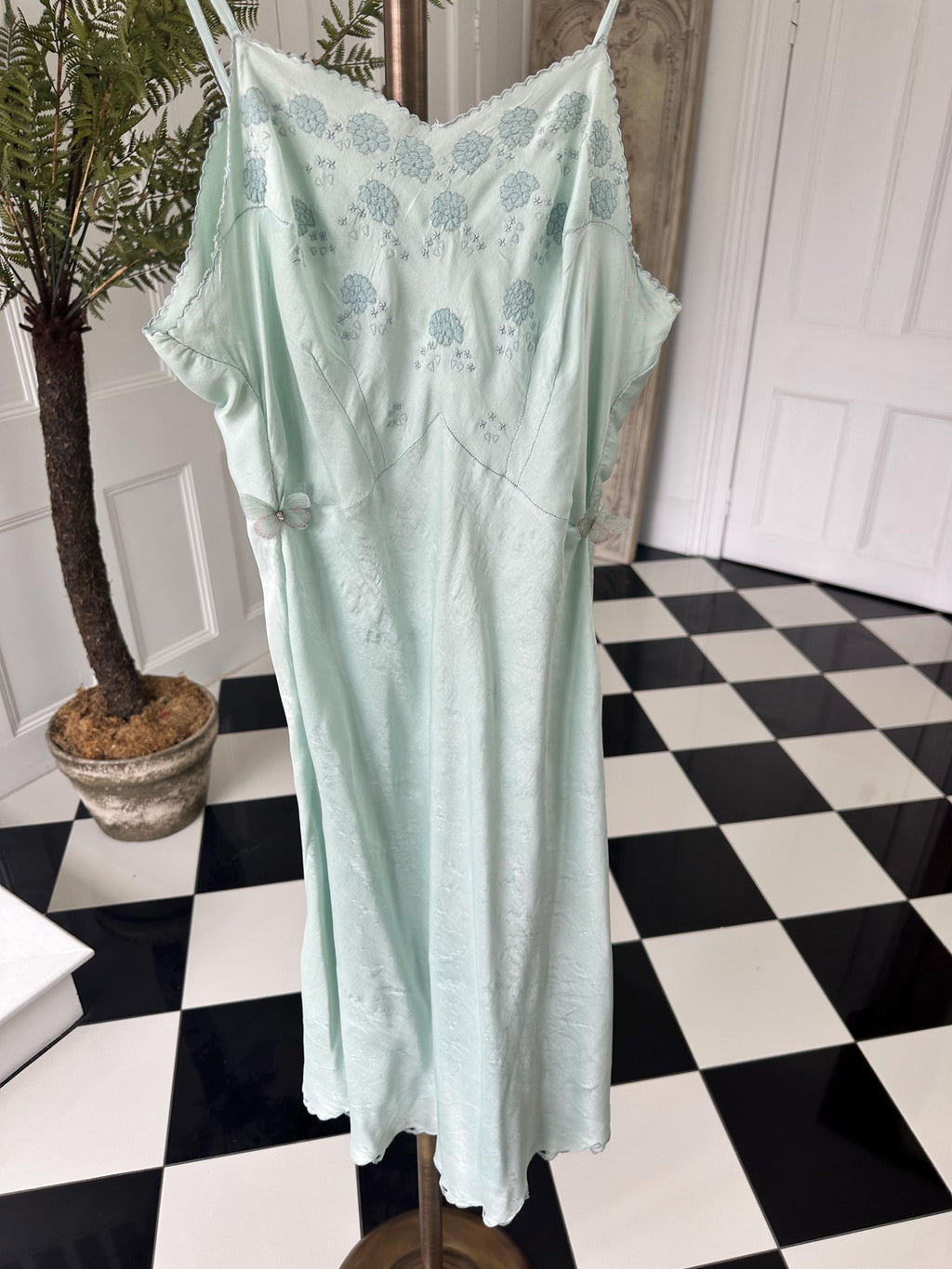 1940 Pale blue slip dress hand embroidery details
