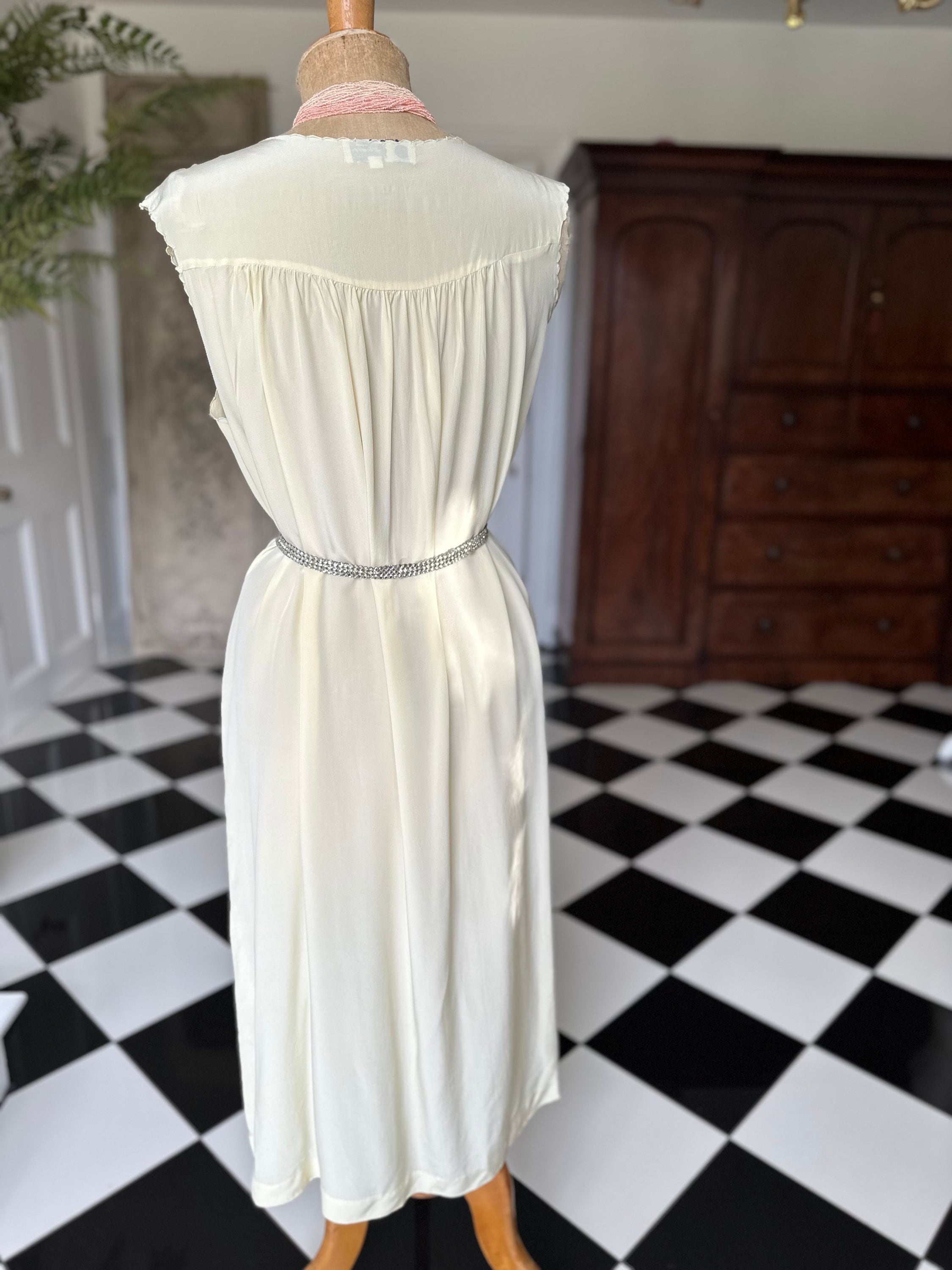 Vintage cream silk smock style long slip dress with hand embroidery