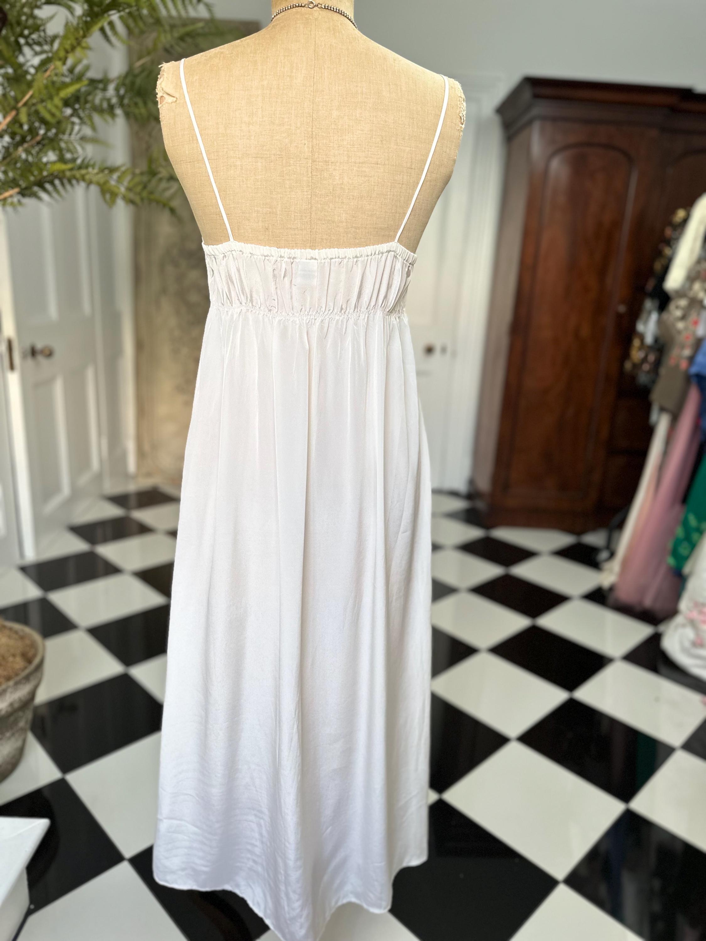 1970 long sexy slip dress with cutout lace details in off white